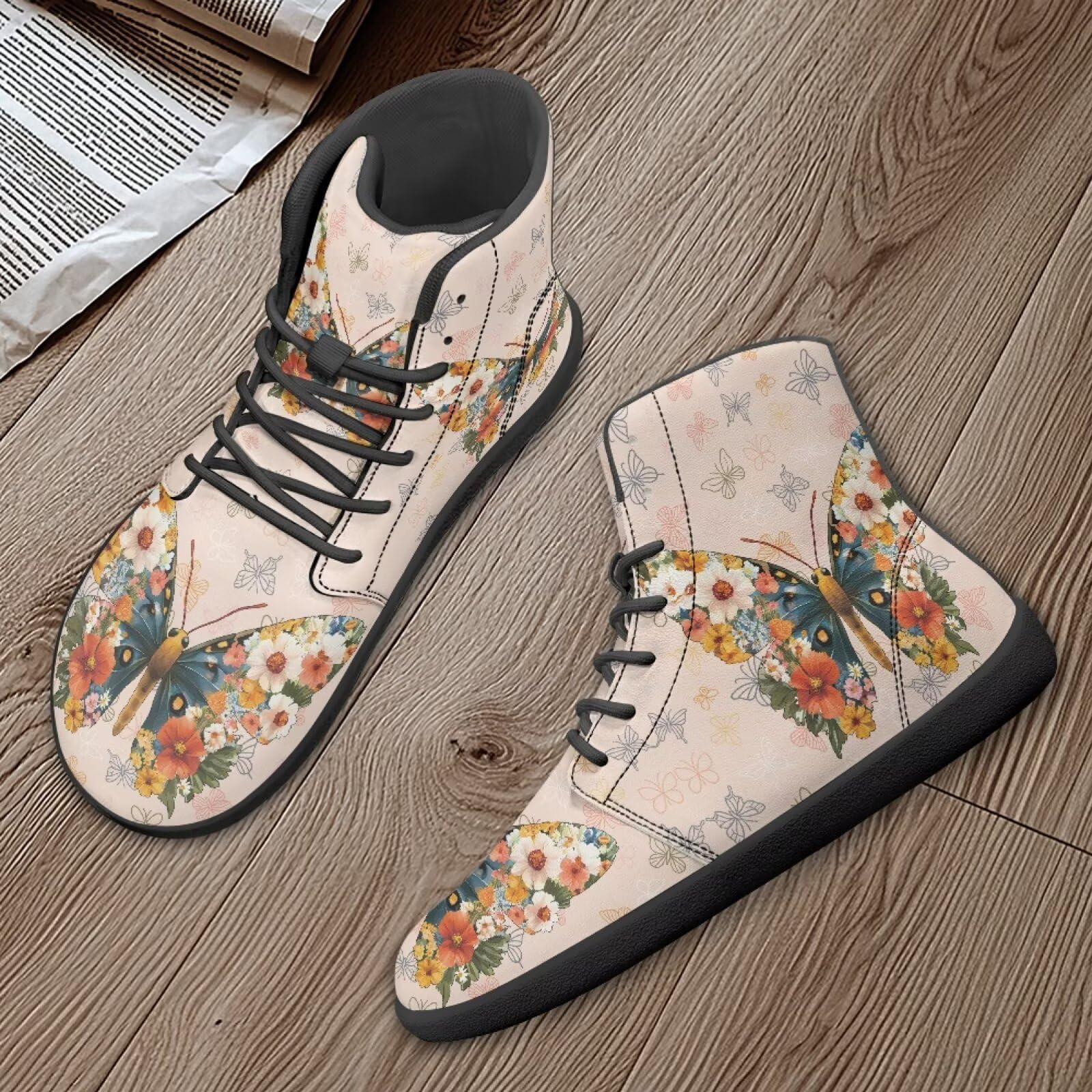 Binienty Beige PU Leather Shoes Men Women Butterfly Boho Floral Fashion Non Slip Barefoot Shoes Cozy Lace up High Top Sneakers Lightweight for Walking Hiking, US 6.5