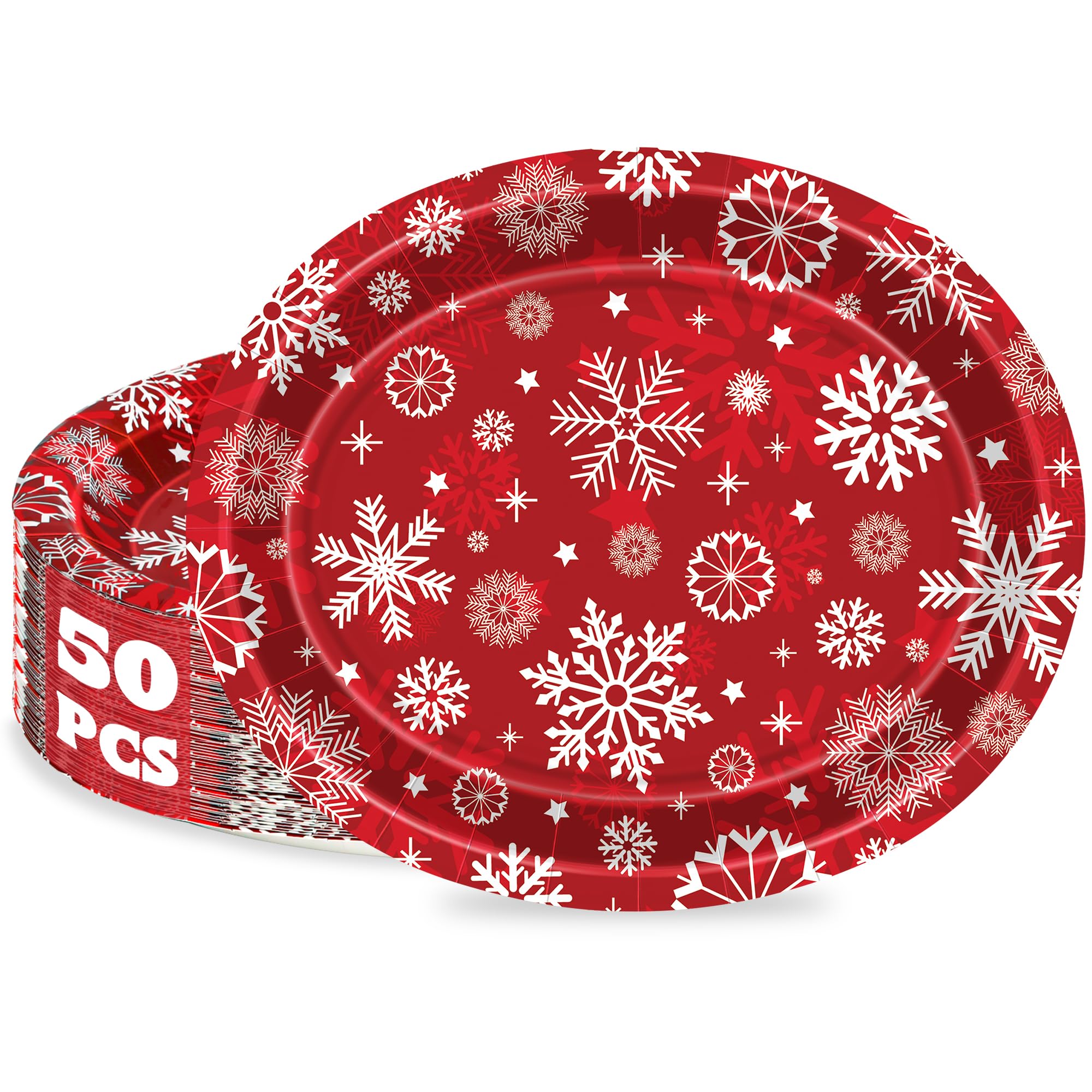 QZYL50 PCS Christmas Plates, 12.2 IN Oval Christmas Paper Plates, Snowflakes Red Christmas Disposable Plates, Christmas Dinnerware Winter Party Decorations for Christmas Party Holiday Party