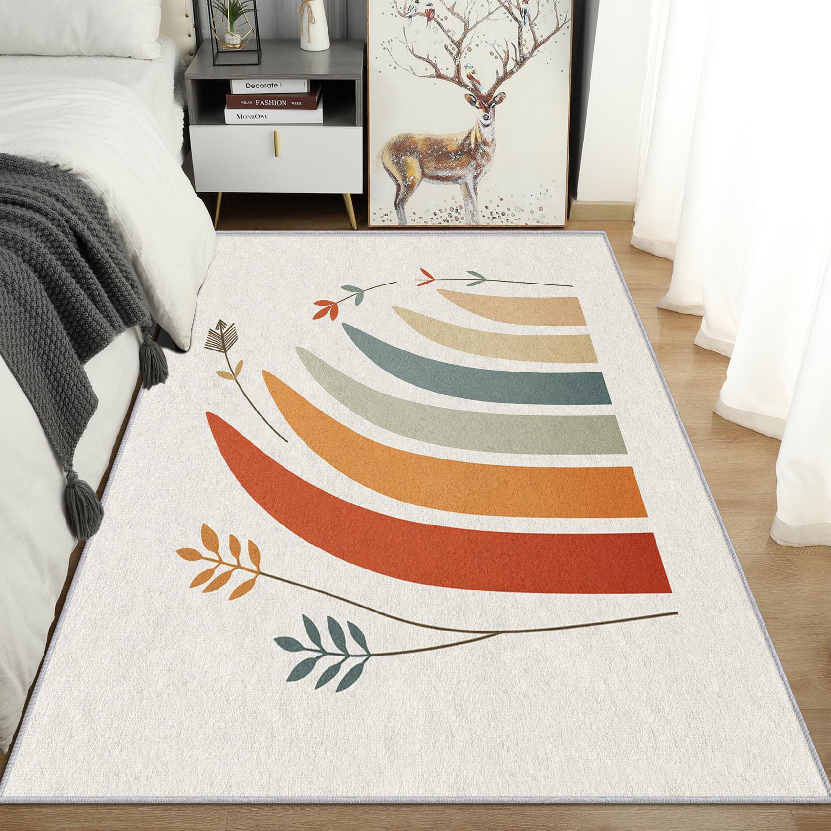 Cute Regenbogen Teppich Kinderzimmer 100x140cm Waschbar Zweige Blätter Deko Baby Teppich Kurzflor rutschfest Fußmatten für Spielzimmer Krabbelmatte Klassenzimmer Wohnzimmer Schlafzimmer