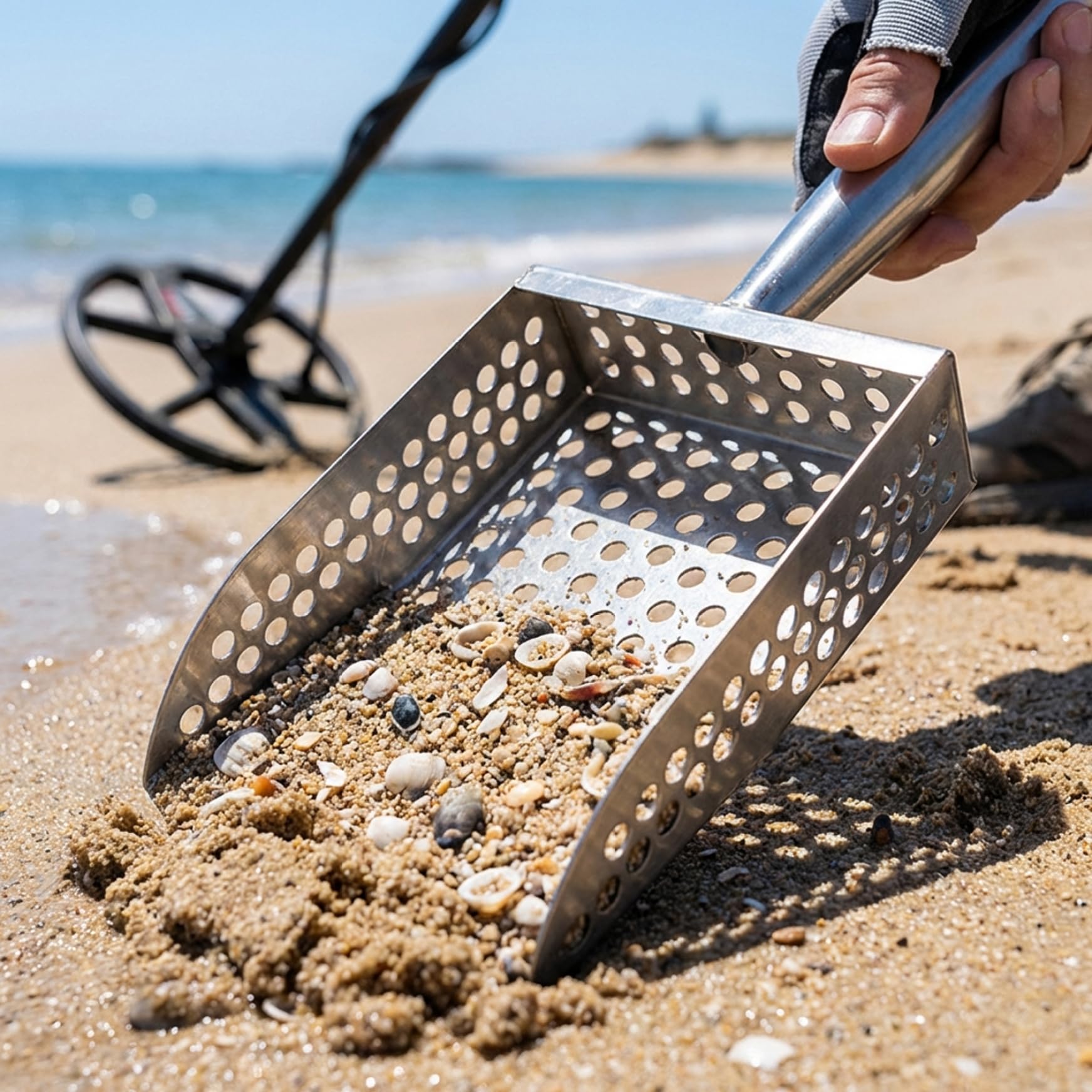 Paletta per Sabbia per rilevamento Metalli, setaccio da Spiaggia in Acciaio Inossidabile Resistente con Manico, rastrello antipulci e setaccio da Roccia per Caccia al Tesoro subacqueo