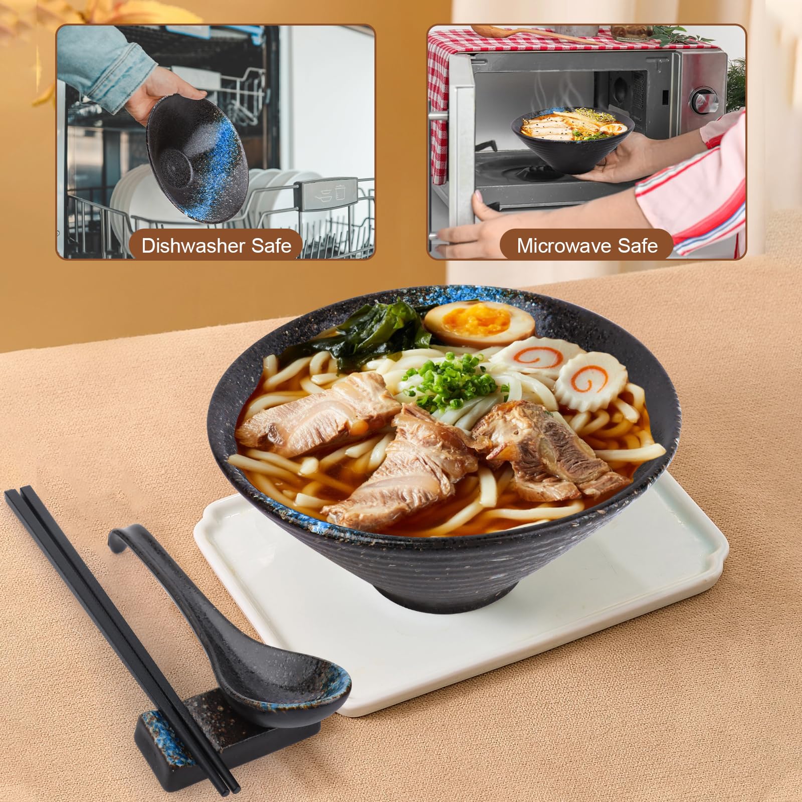 DEARBAG Ramen Schüssel Set 2-teilig - 800ml Keramik Schalen Mit Deckel, Löffel & Stäbchen