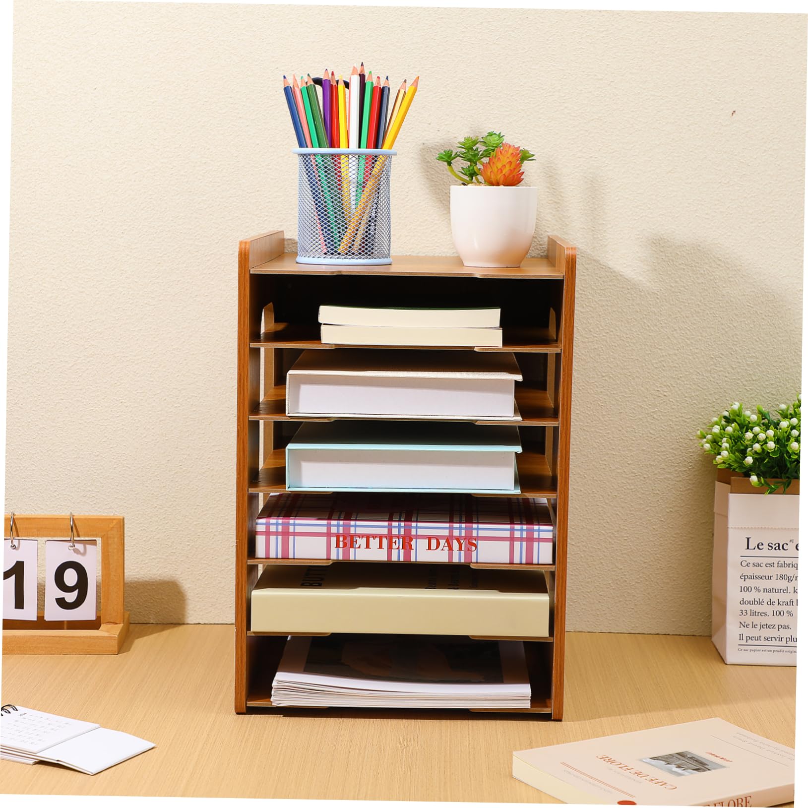 Angoily Organizer Scrivania in Ciliegio Strati Portadocumenti Impilabile per Ufficio e Casa Portaoggetti Multifunzionale per Libri Cancelleria e File Design Compatto e Stabile per Tavolo