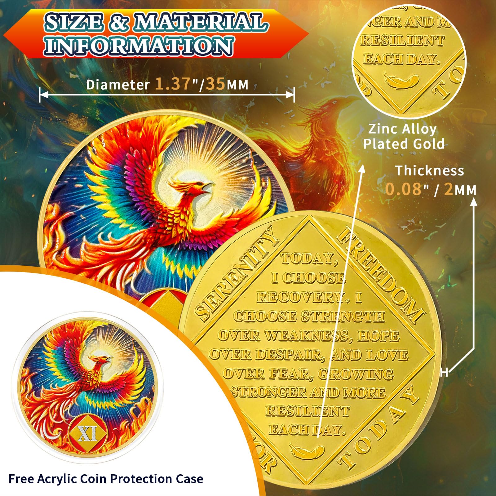 Phoenix of Light 11 Year Nüchternheitsmünze, Fly to Hope NA Coin - Addiction Recovery Chip mit Token-Kapsel, inspirierende Nüchternheit Geschenke für Männer und Frauen
