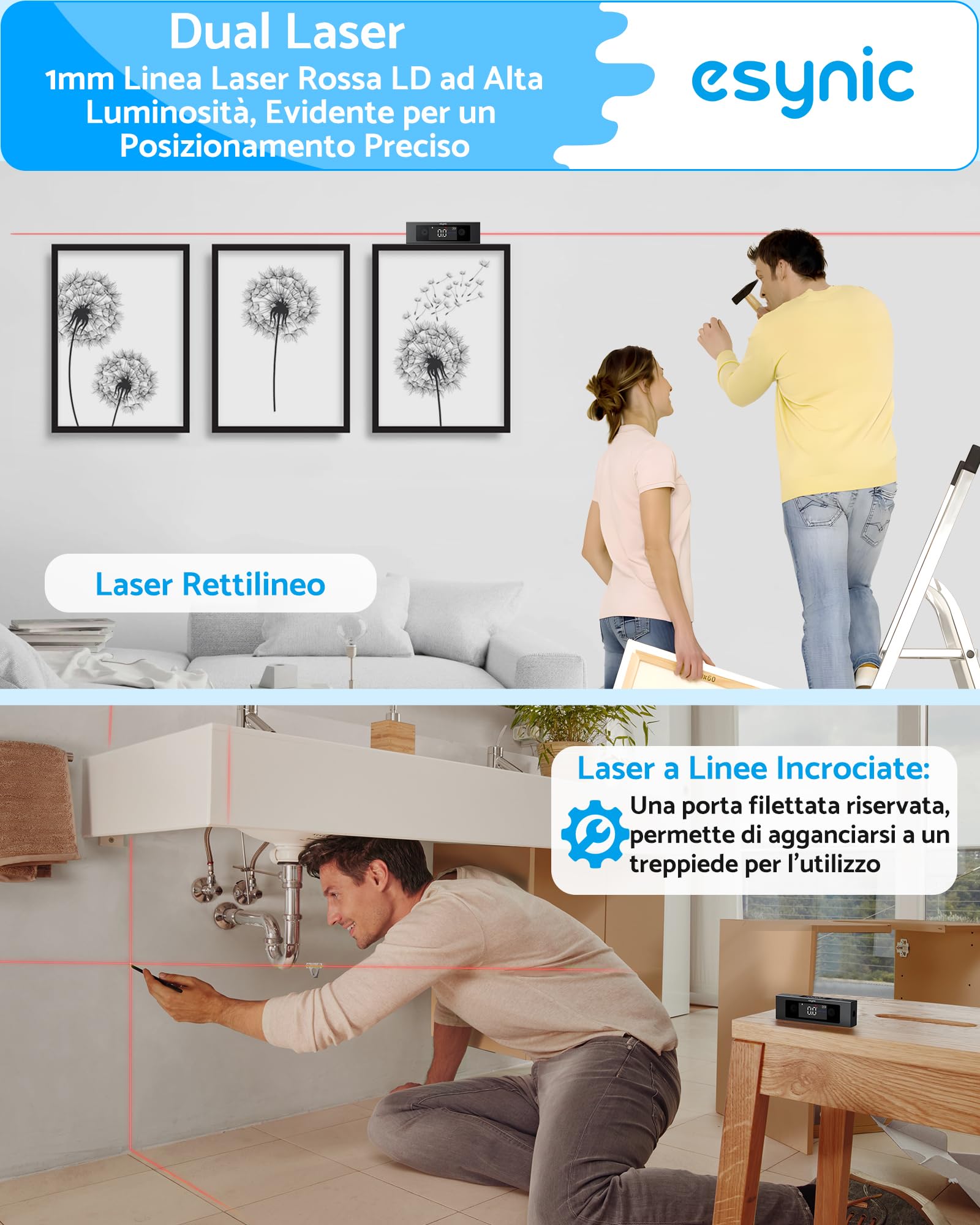eSynic 4x90°Level Box Digitale con 2 Linee Laser, Doppio LCD Inclinometro Dual Asse X/Y, Base Magnetica, Goniometro Ricaricabile in Lega Alluminio Unità °/% / MM/M per Falegnameria Decorazione - Nero