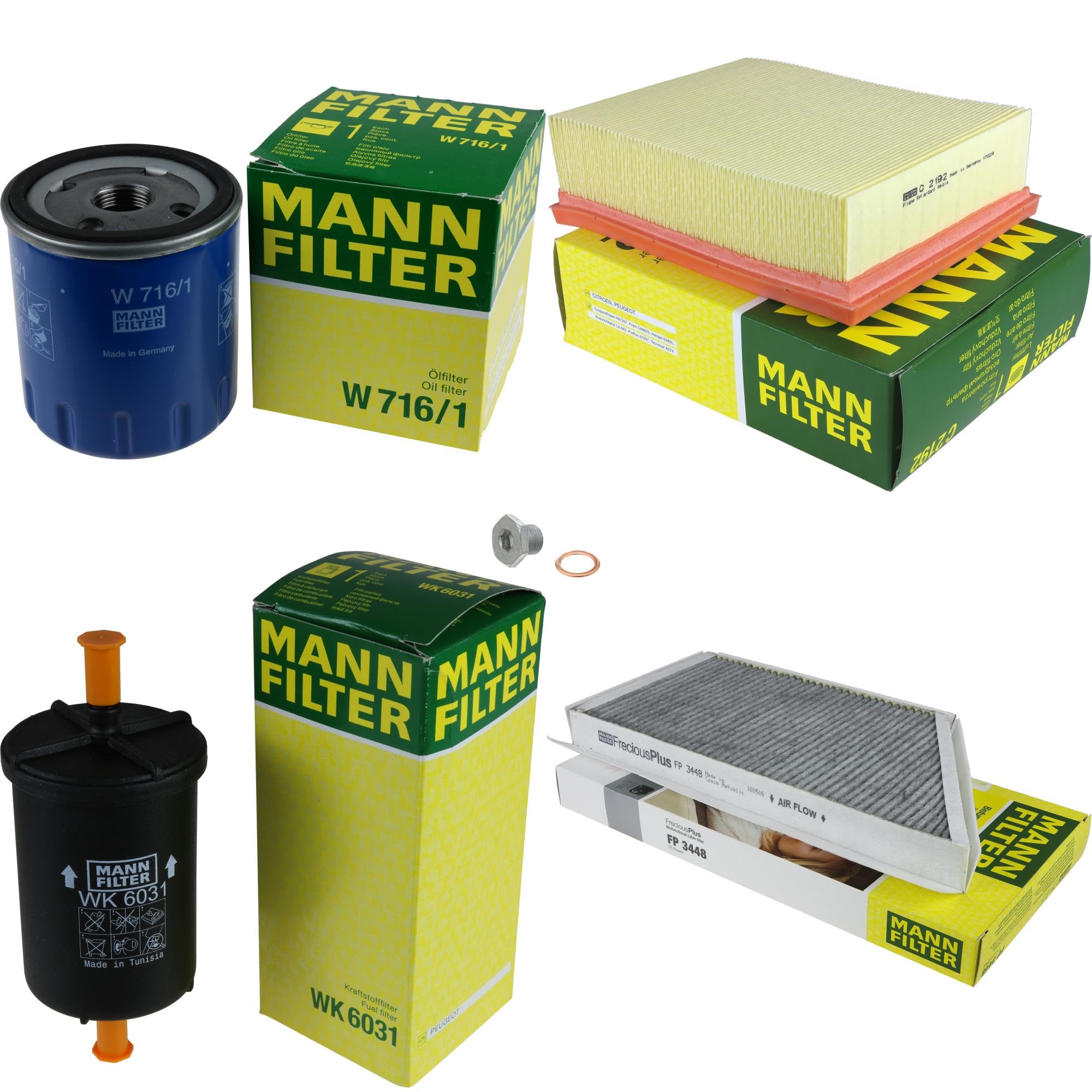 Paquete de inspección Kit de mantenimiento de filtros con filtro de aceite W 716/1, filtro de aire C 2192, filtro de combustible WK 6031, filtro de habitáculo FP 3448, tornillo de cierre