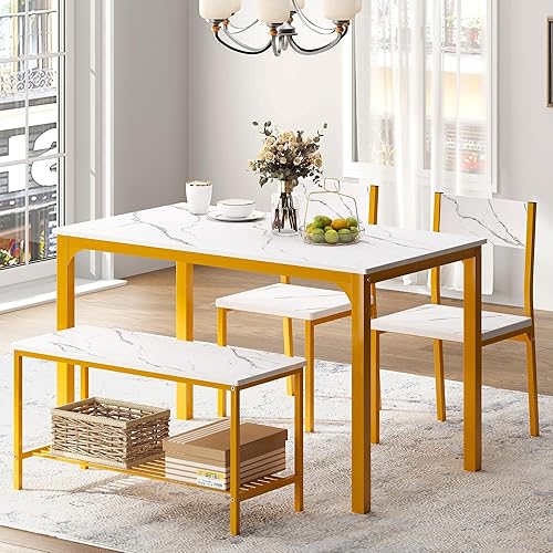 Miniatura 9 de SogesHome Juego de mesa de comedor de 4 piezas para 4, mesa de madera moderna con 2 sillas y un banco largo, juego de mesa que ahorra espacio para