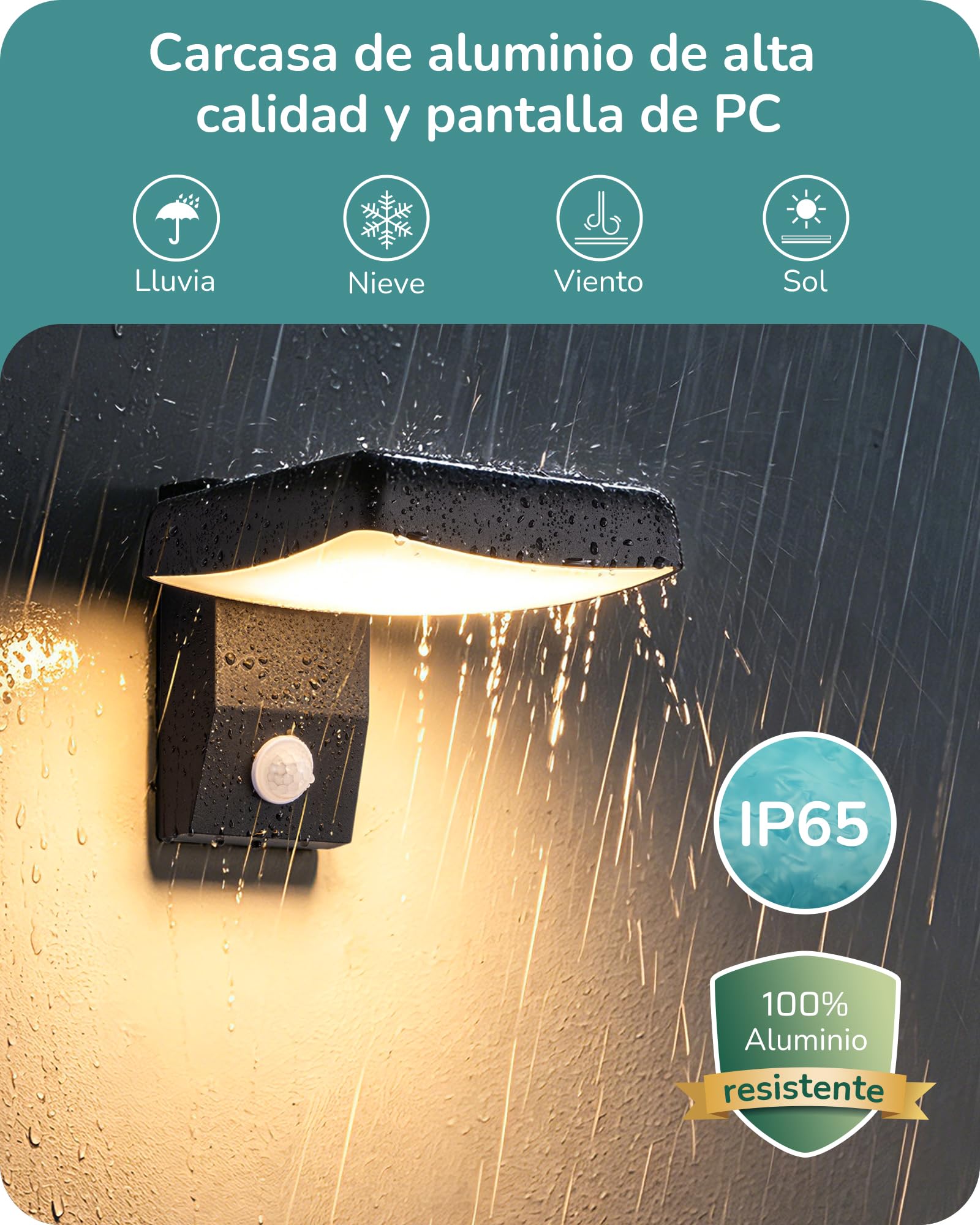 EDISHINE Aplique de Pared Exterior con Sensor de Movimiento, 18W | Giratorio 350°, Sensor Crepuscular, LED 3000 K, Aluminio, IP65, Alimentación Eléctrica para Jardín, Terraza y Garaje