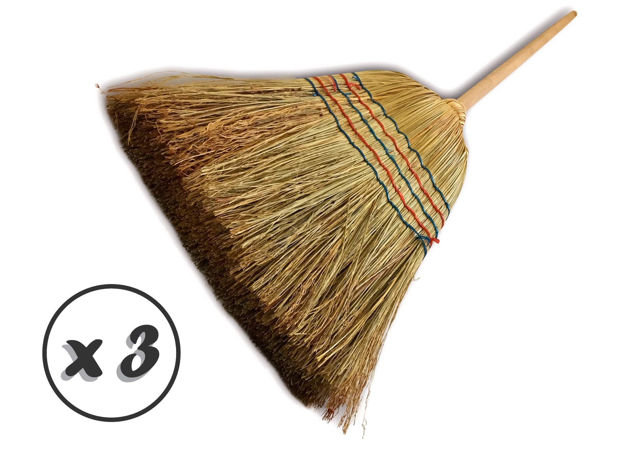 Lote de 3 cepillos Tradicionales de Paja de arroz | 5 Hilos | Ancho 35 cm | Mango de Madera 150 cm | para Limpieza Exterior, sótano o Garaje | Kibros 2840x3 | Fibra natural, sin mangas, uso interior al aire libre bodega patio jardín, barrido suelos variad