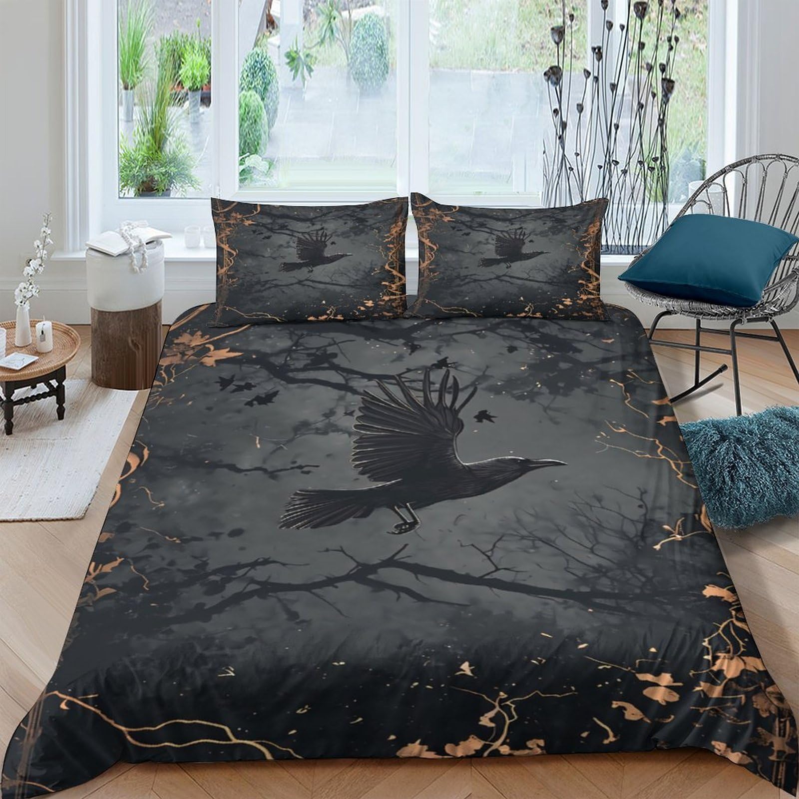 Ctjqhvkz Style-7 3D Printed Dark Forest Fitted Sheet Microfiber Black Raven Mattress Cover For Bedroom Home Decoration Machine Washable Single（135X200cm）