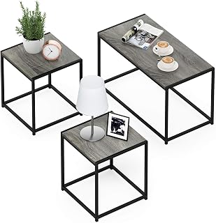 Furinno Camus Modern Living Room Coffee Table with 2 End Tables Set, French Oak Grey thumbnail