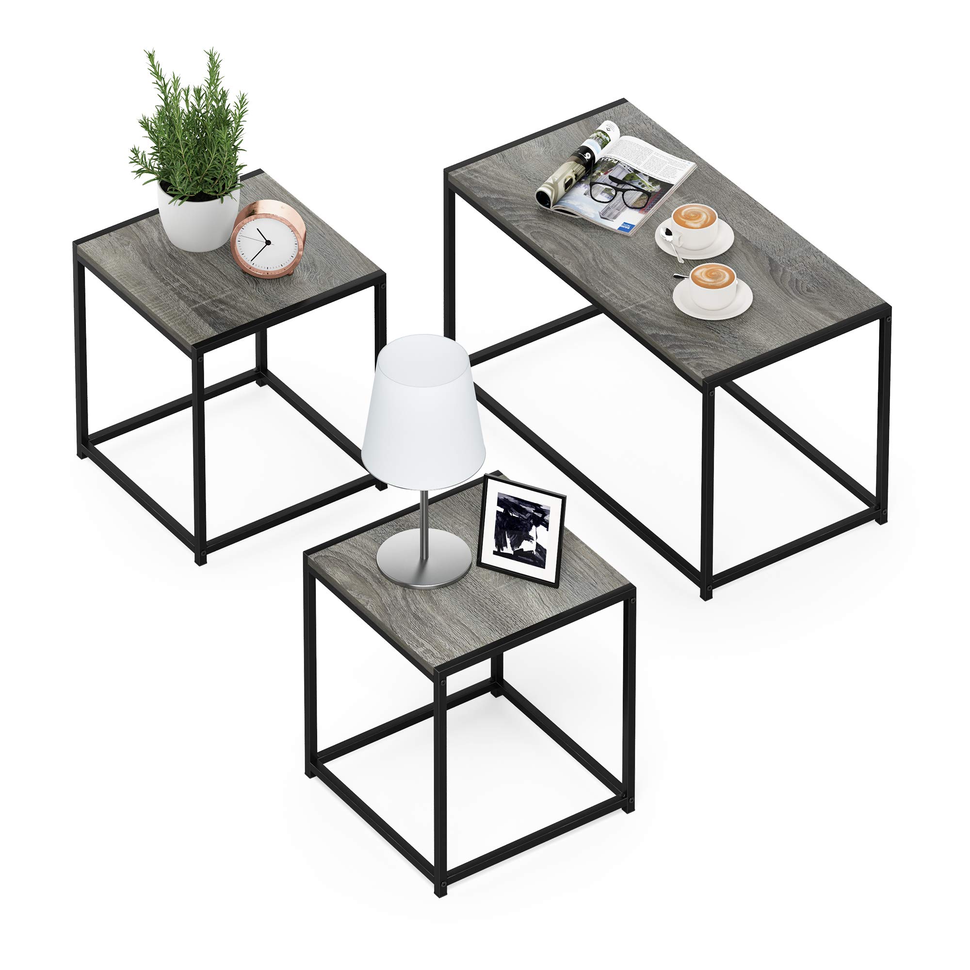 Furinno Camus modern coffee table and end tables set with metal frame in French oak grey