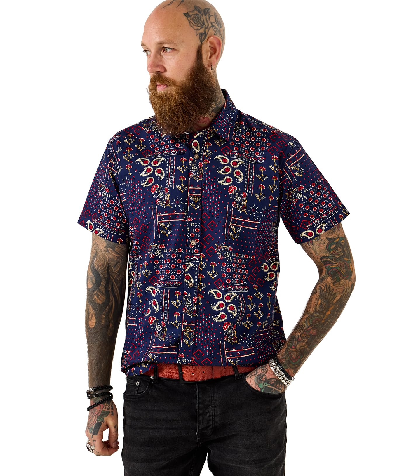 Joe Browns Men's Bandana Patchwork Print Short Sleeve Shirt, Regular, Blue, UK XL