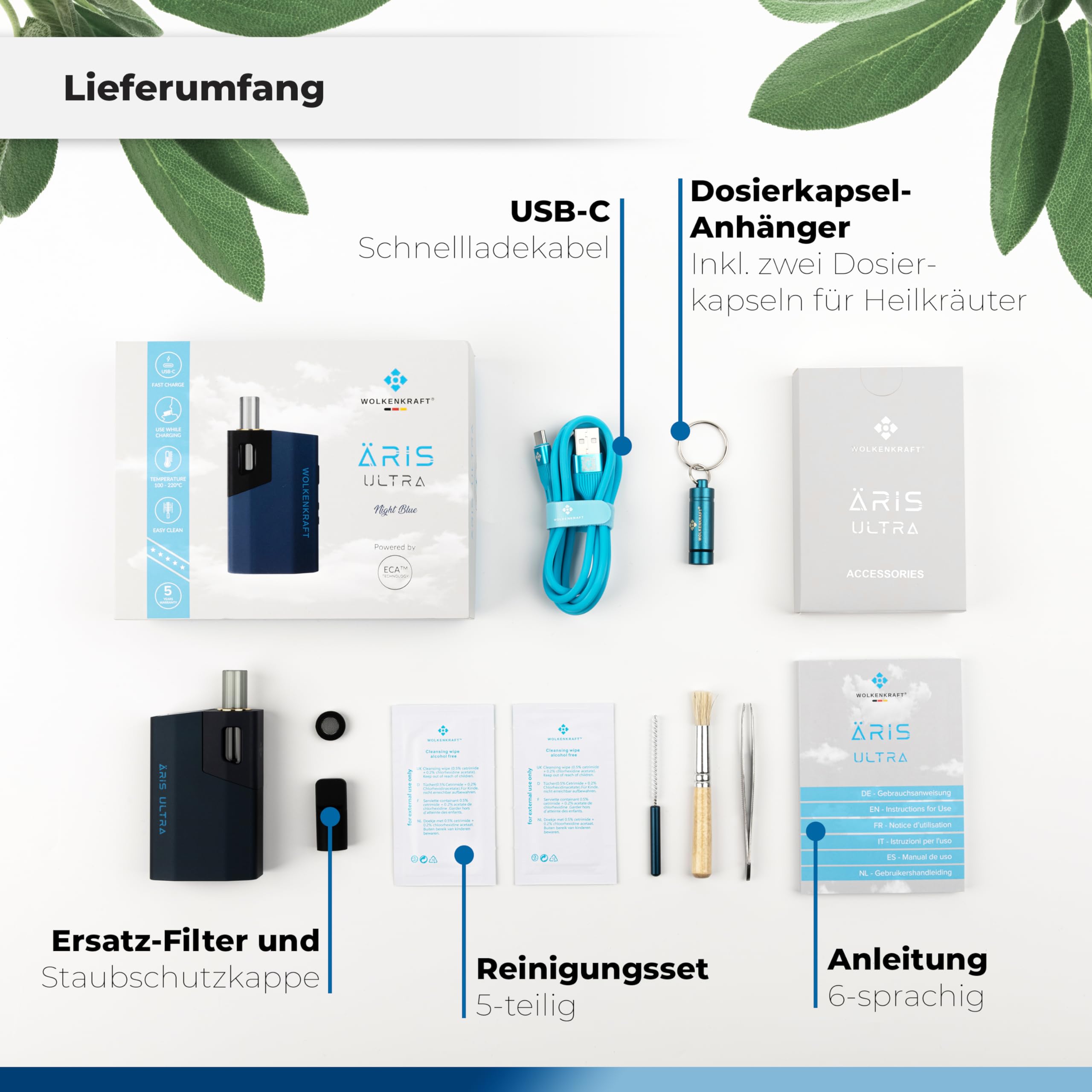 WOLKENKRAFT ÄRiS ULTRA Premium Vaporizer *Nachtblau* | Für Kräuter & Extrakte | USB-C | Titankammer | 100 - 220 °C | 3 - 7 Min. Timer | Hybrid-Konvektion | ECA-Technologie