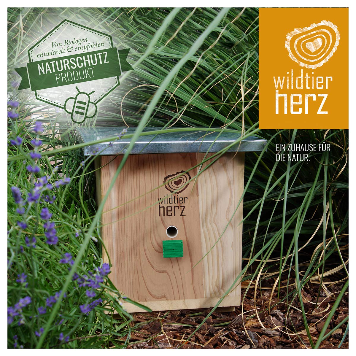 wildtier herz I Großes Hummelhaus Natur, geschraubtes Massivholz, Set - inkl. Lockstoff + Nistmaterial, Hummelhotel, Insektenhotel, Hummelkasten, Hummeln, bienenhaus, hummelnest, hummelkiste