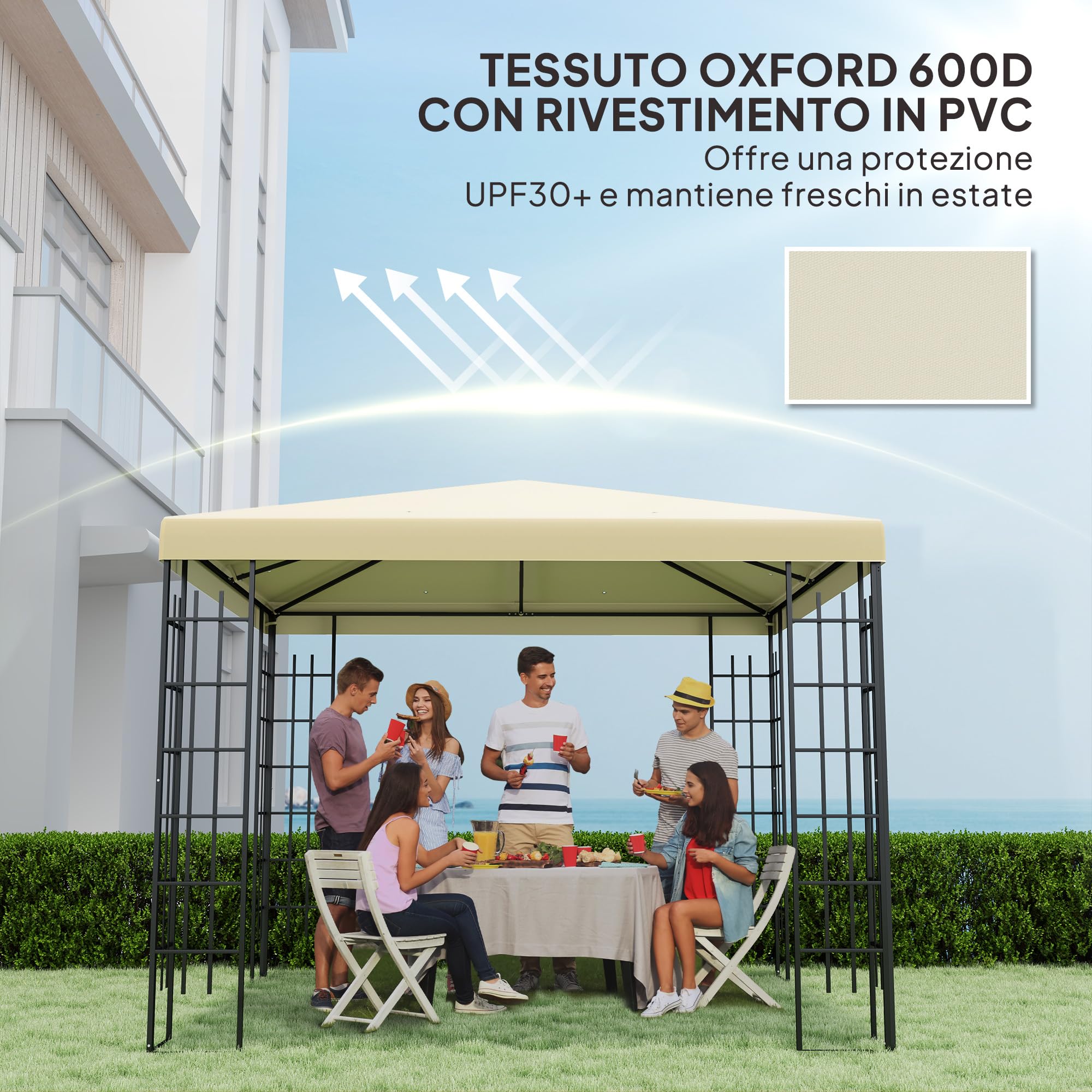Outsunny Jardín Gazebo Reemplazo Techo 3x3 m, Resistente al agua Gazebo Canopy en 600D Oxford Tela 370g/㎡ Anti-UV 30+ con 8 agujeros de drenaje, Crema blanca.