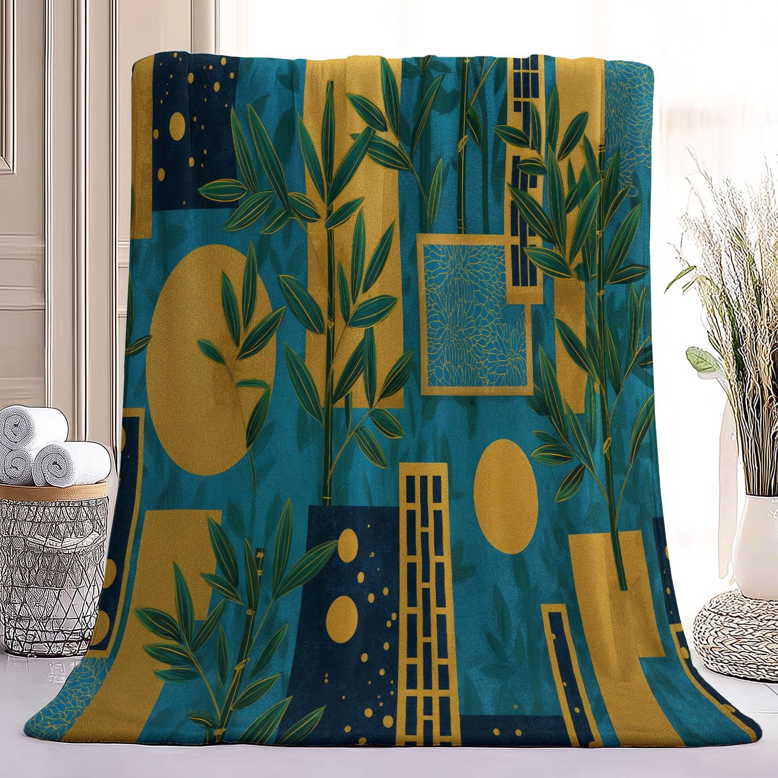 Koc flanelowy z nadrukiem w stylu vintage rośliny geometryczne liście bambusa, niebieski żółty miękki i ciepły - sofa rozkładana sypialnia, idealny prezent na wszystkie pory roku - 150 × 200 cm