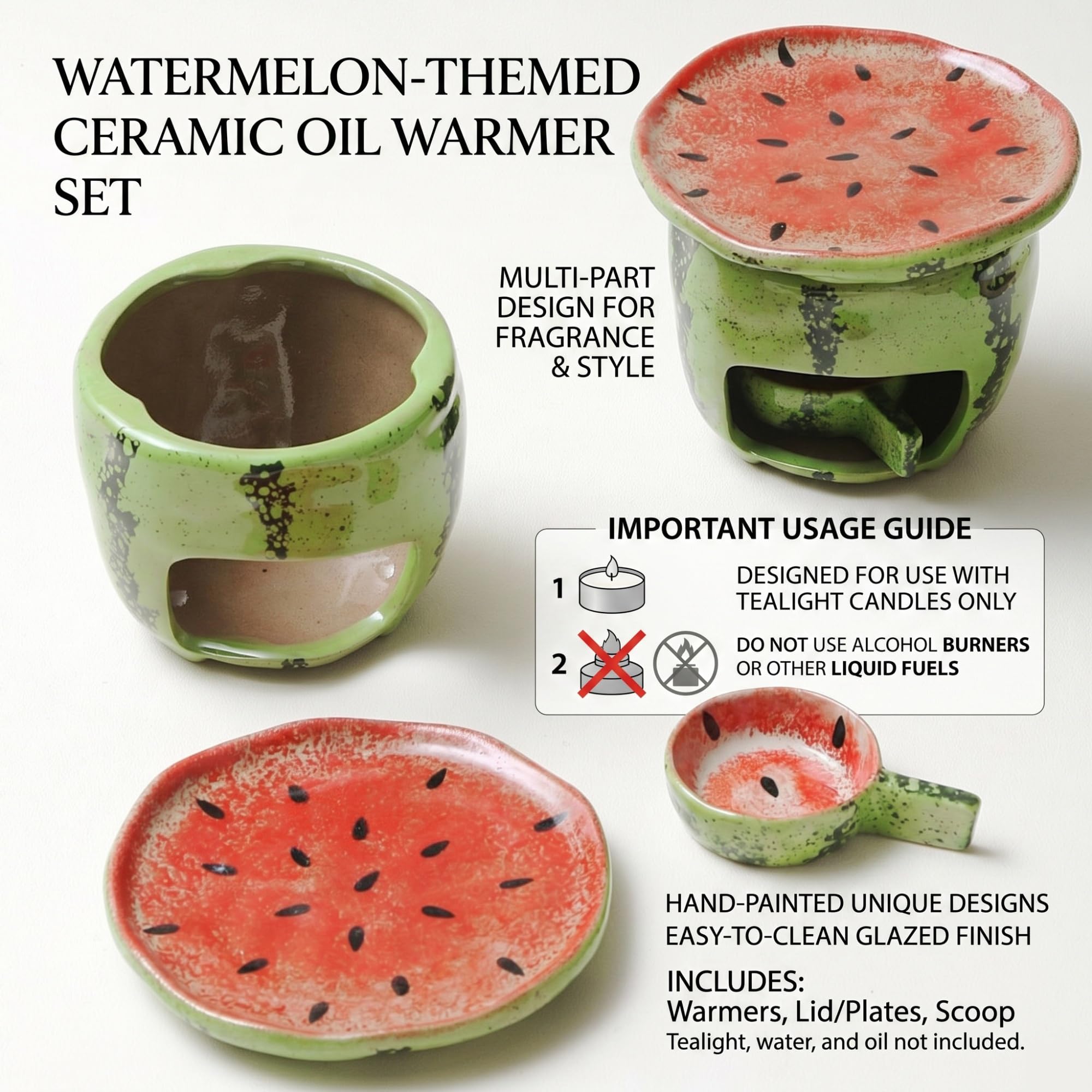 Keramik-Duftlampe im Wassermelonen-Design für Teelichter | Keramik, Teelicht-Betrieb, für Kaffeebohnen, Teeblätter, Duftwachs (Wax Melts), Wassermelonen-Optik, Wohnaccessoire