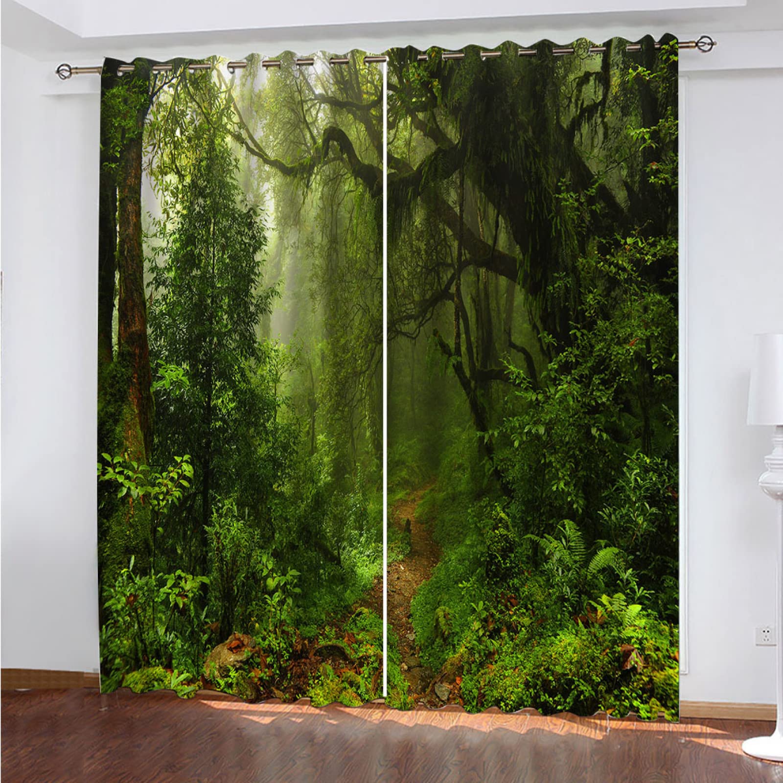 Cortinas Opacas Salon Modernas 2 Piezas Ojales - Cortinas Termicas Aislantes Frio Y Calor, Cortinas Habitacion Impresión Digital Paisaje De Bosque Verde 3D, Ventana Decoración para Hogar 280X260Cm