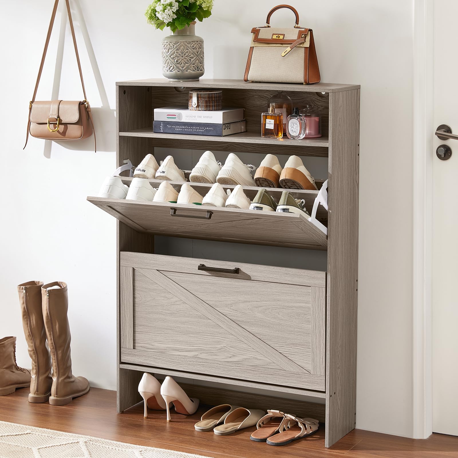 Patiomore Shoe Storage Cabinet With 2 Flip Drawers, Farmhouse Slim Shoe Cabinet With