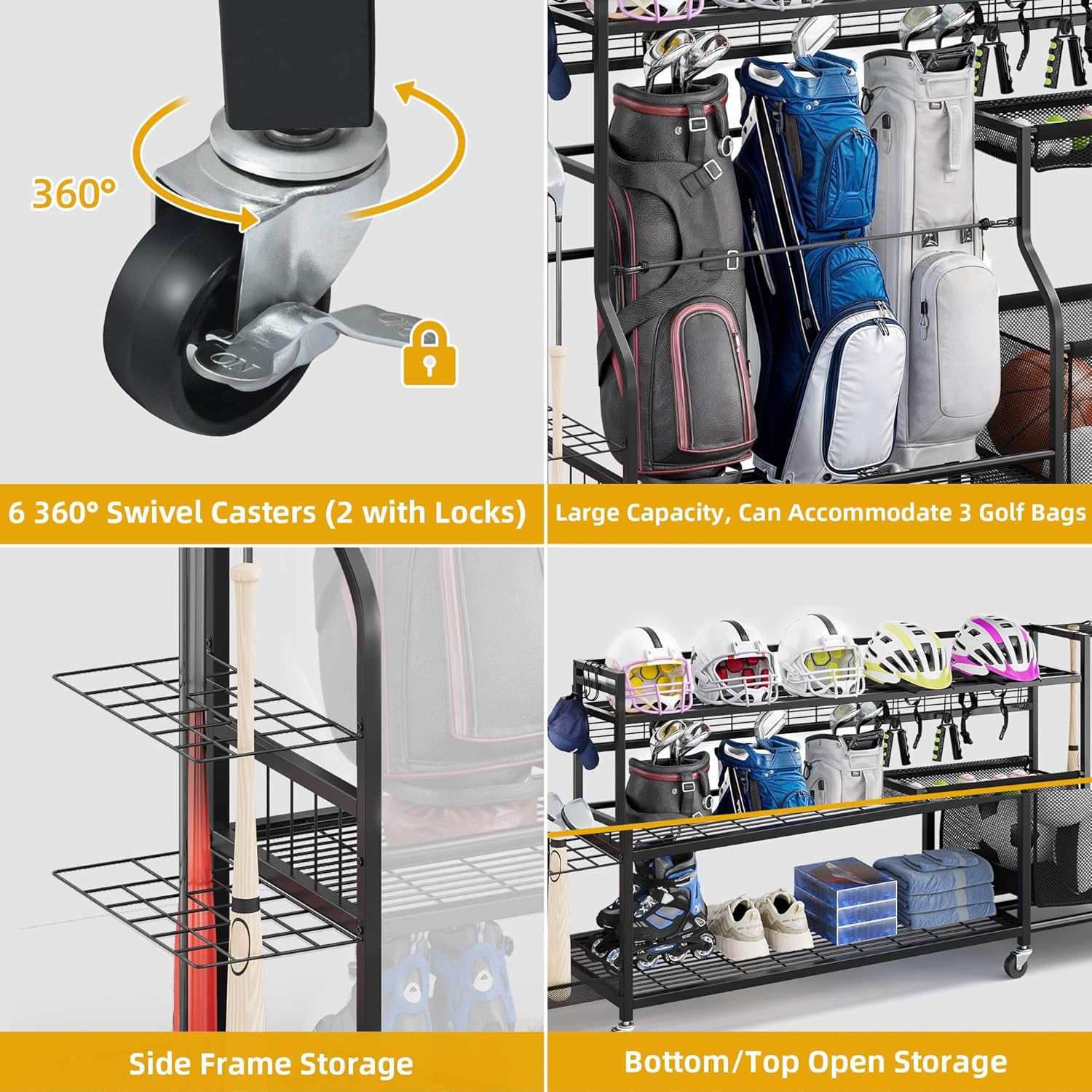 DWVO Sports Equipment Organizer, 3 Golf Bags Storage Stand with Wheels, Sport Gear Accessories Rack and Ball Organizer Bin for Garage