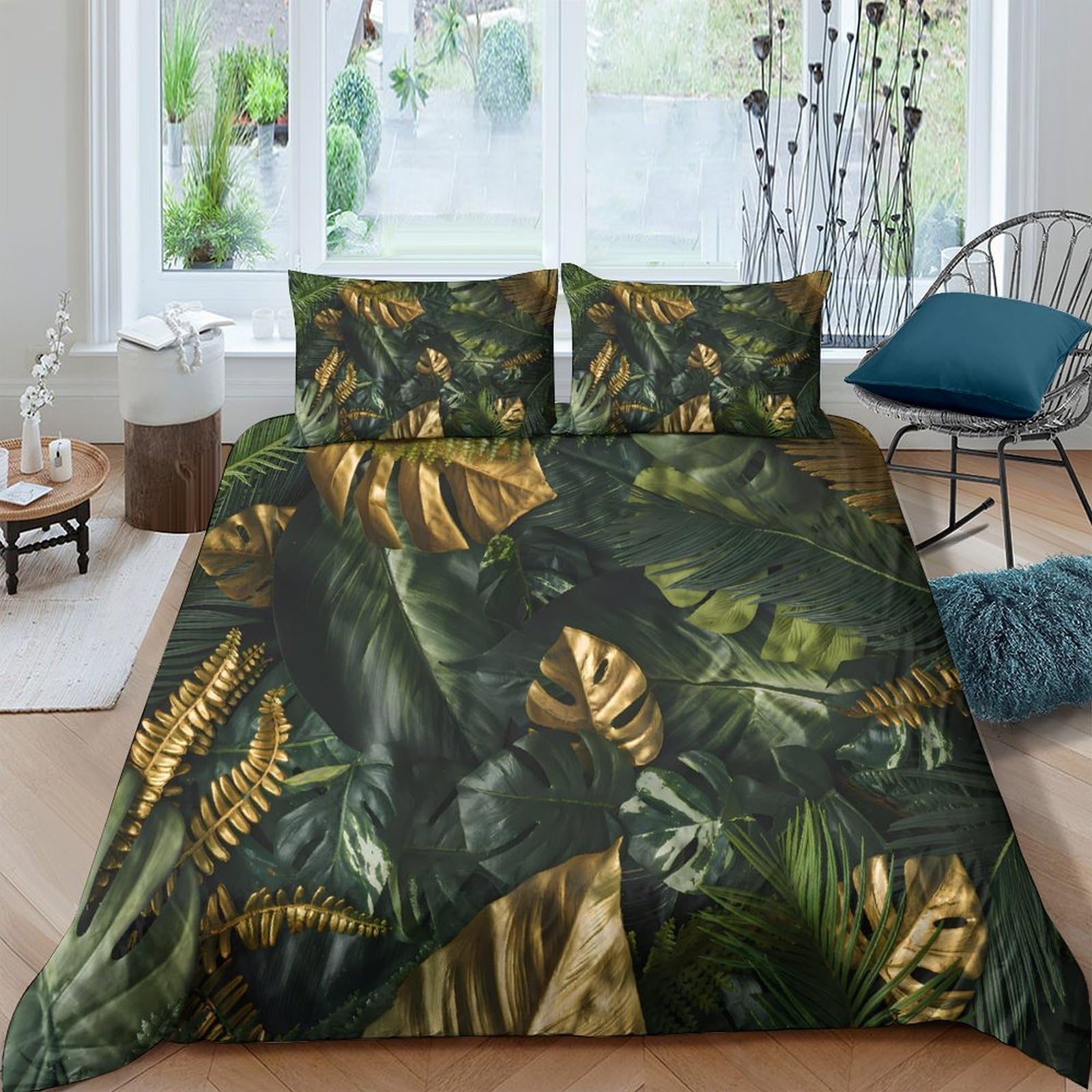 Ctjqhvkz Style-2 3D Printed Tropical Leaves Fitted Sheet Microfiber Soft Gold Green Jungle Mattress Cover For Bedroom Dorm Room Decor Single（135X200cm）