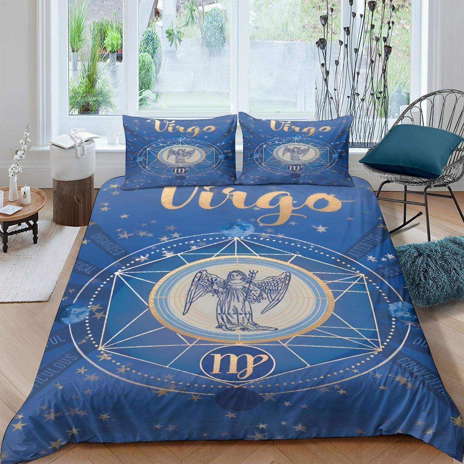 Ctjqhvkz Style-10 3D Printed Zodiac Virgo Fitted Sheet Microfiber Soft Blue Constellation Bed Cover For Bedroom Dorm Mattress Decor Single（135X200cm）