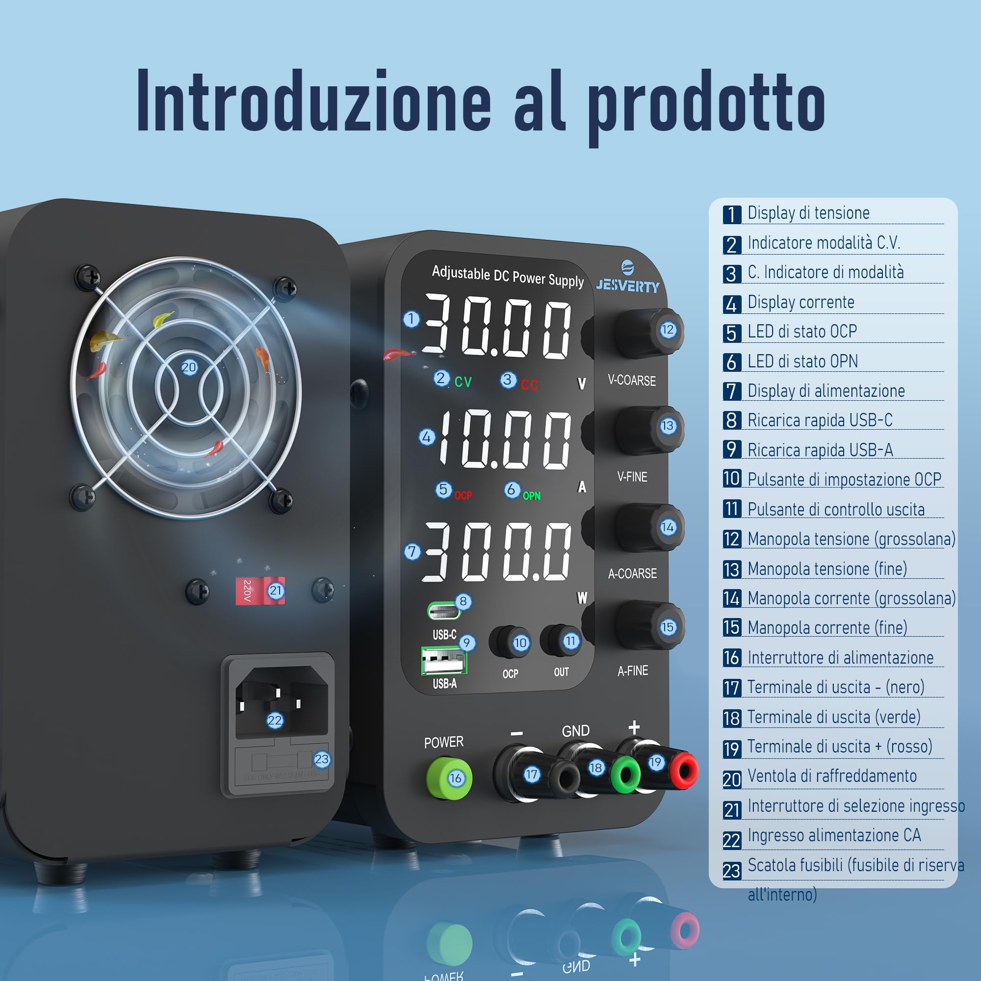 Alimentatore da Banco Variabile 32V 10A SPS-3010V con Ricarica Rapida USB Type-C 20W
