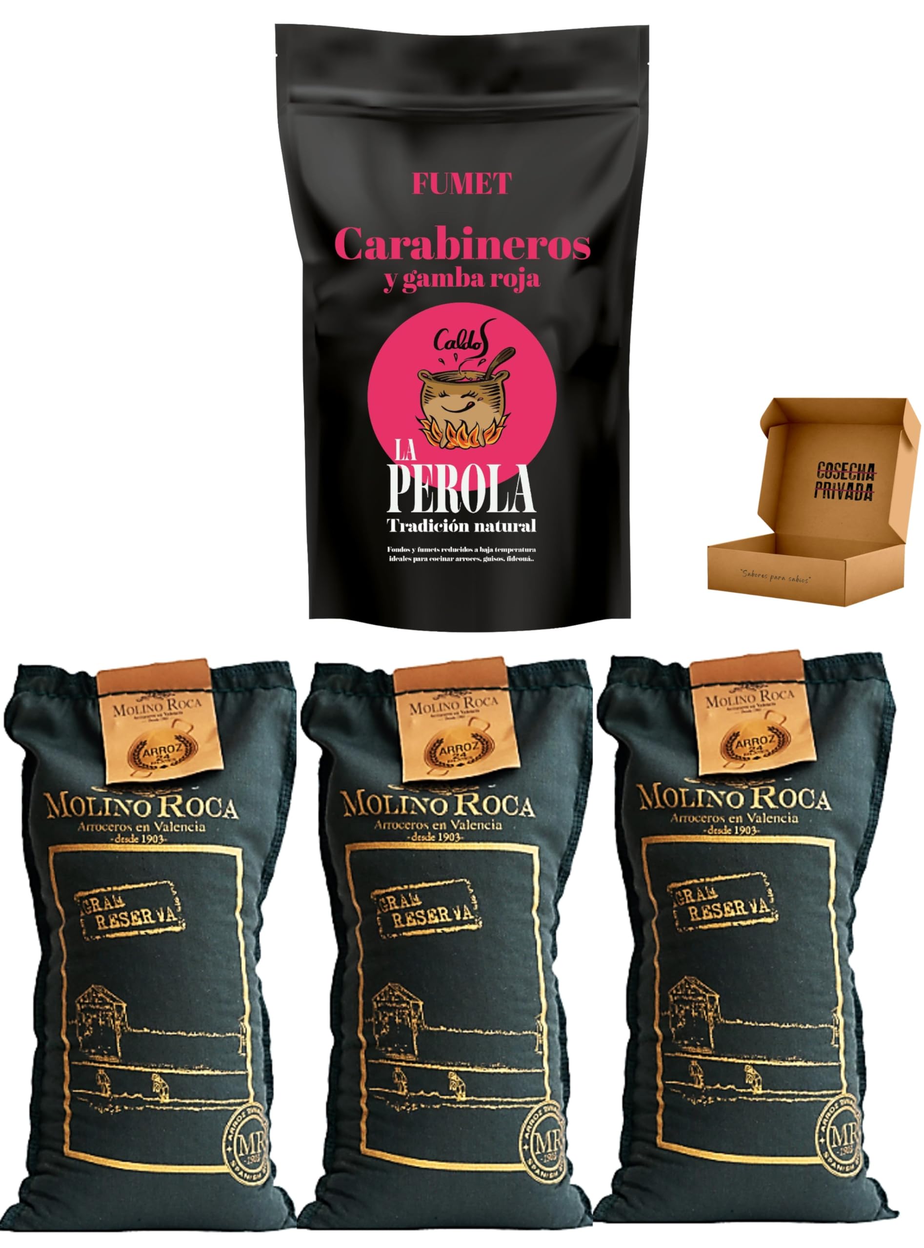 Pack Arroz Molino Roca + Fumet La Perola - 35 Raciones - Envío 24 h - Pack completo para elaborar fácilmente el mejor arroz del mundo con caldo natural - Cosecha Privada (Pack Carabinero)