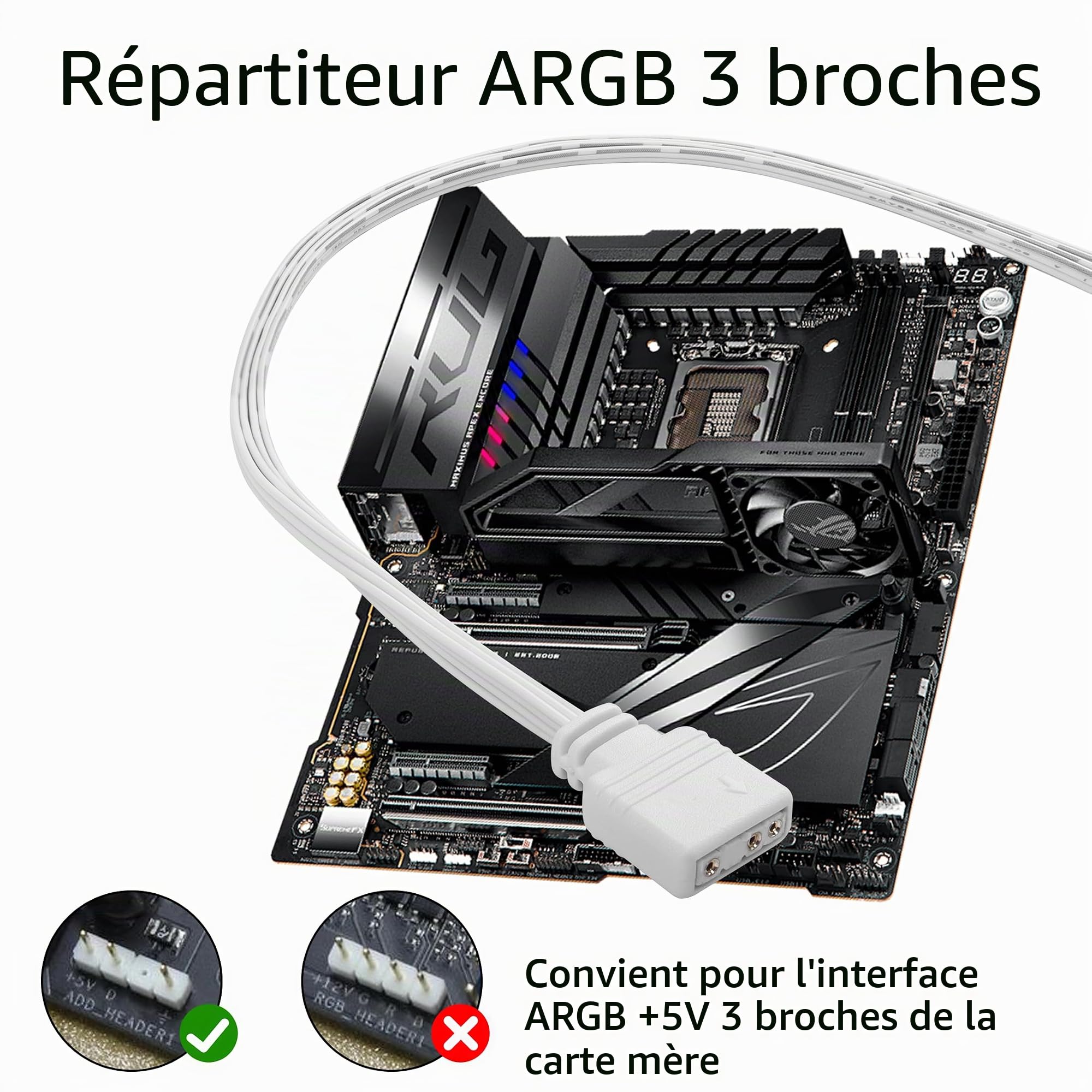 YAODHAOD Câble répartiteur ARGB 5 V 1 femelle vers 4 mâles 3 broches adressable RVB pour châssis d'ordinateur, refroidisseur de processeur et ventilateur ARGB 5 V (1 à 4 (3 broches), blanc)