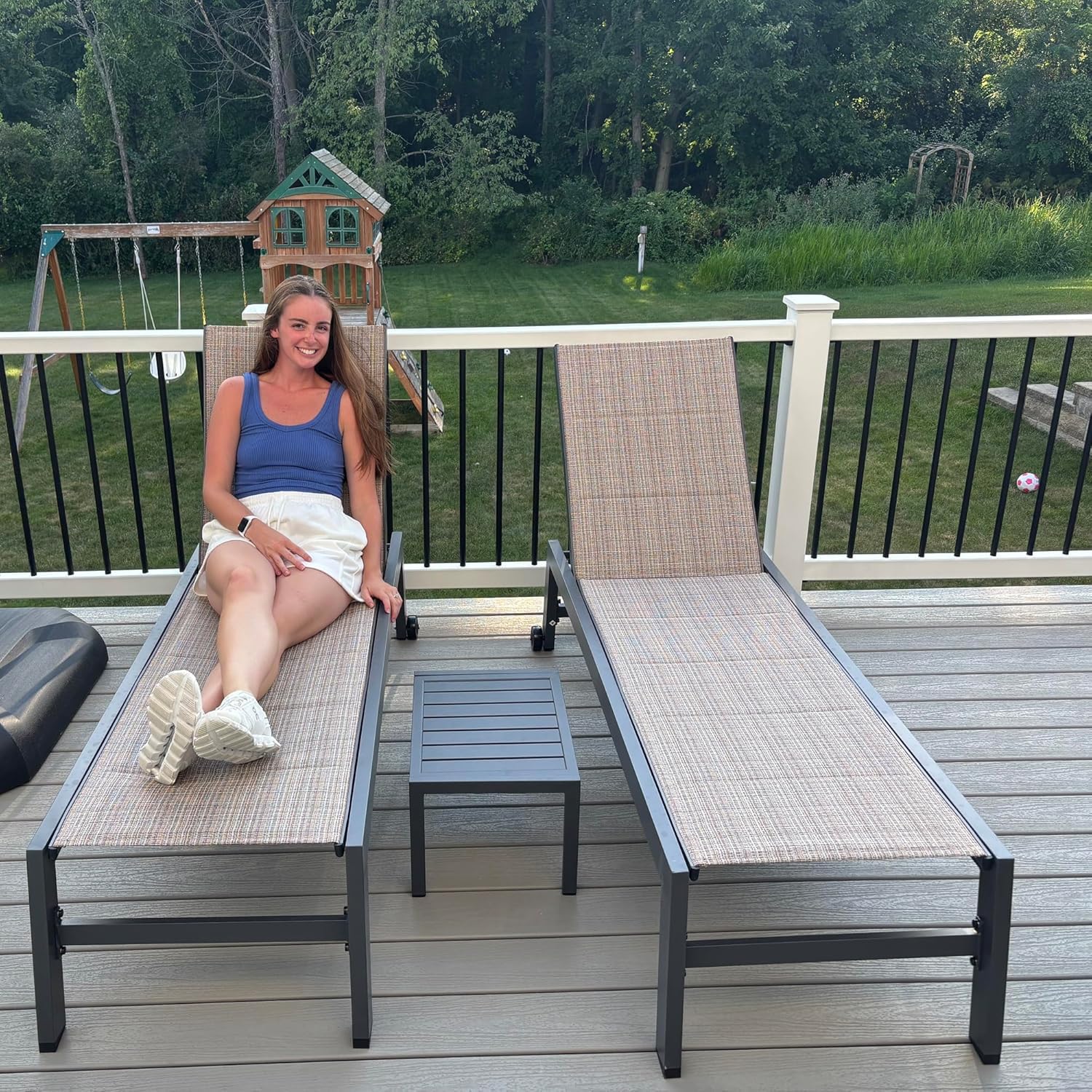 PURPLE LEAF Chaise Lounge Outdoor Set of 2 with Wheels &amp; Side Table, Camel