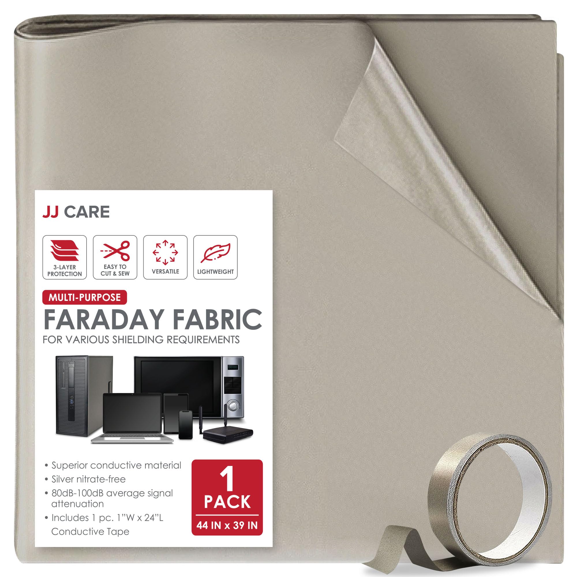 JJ CARE Faraday Fabric [Pack of 1, 44" x 39" Faraday Cloth + 1" x 24" Long Faraday Tape + Instructions] - Military Grade Shielding Fabric EMP Proof Military Grade