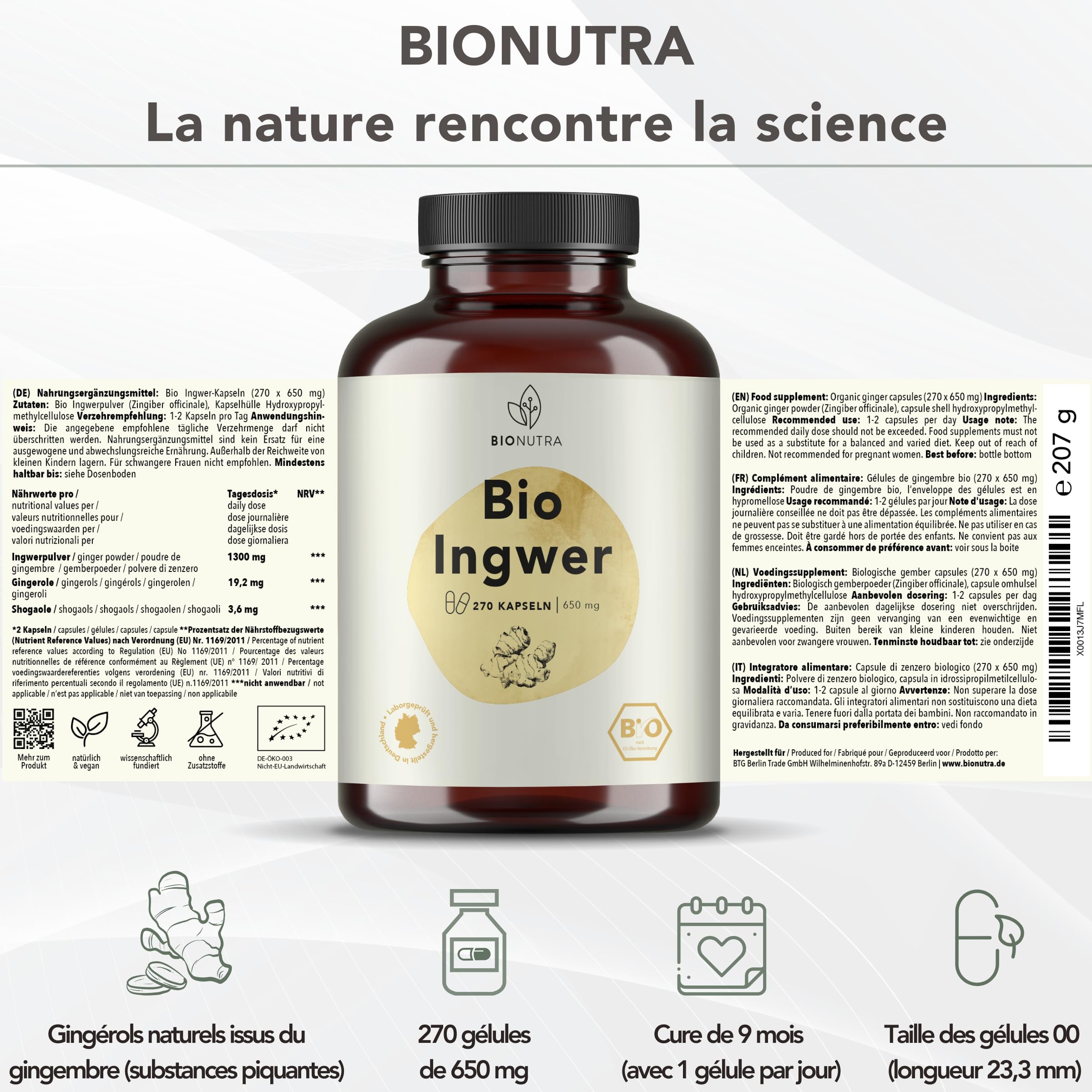 BIONUTRA® Gélules gingembre bio hautement dosées 1300 mg/jour, contrôlées résidus, fabrication allemande, véganes, sans lactose ni gluten, sans additifs, 270 pièces x 650 mg