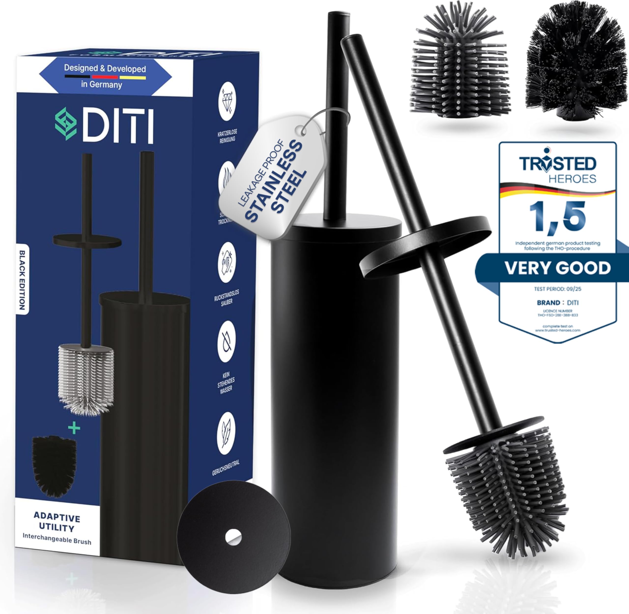 DITI Toilet Brush Round Silicone Black – Stainless Steel Toilet Brush with Holder Includes 2 Brush Heads, 2 Spray Protectors – Antibacterial Toilet Brush for Thorough Cleaning