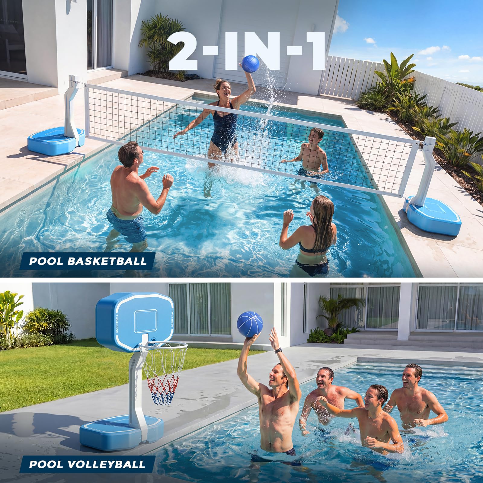 Rete da pallavolo da piscina e canestro da basket 2 in 1, rete da pallavolo per piscine interrate, canestro da basket a bordo piscina con base e supporto, include 3 palline/2 base/pompa, giochi estivi