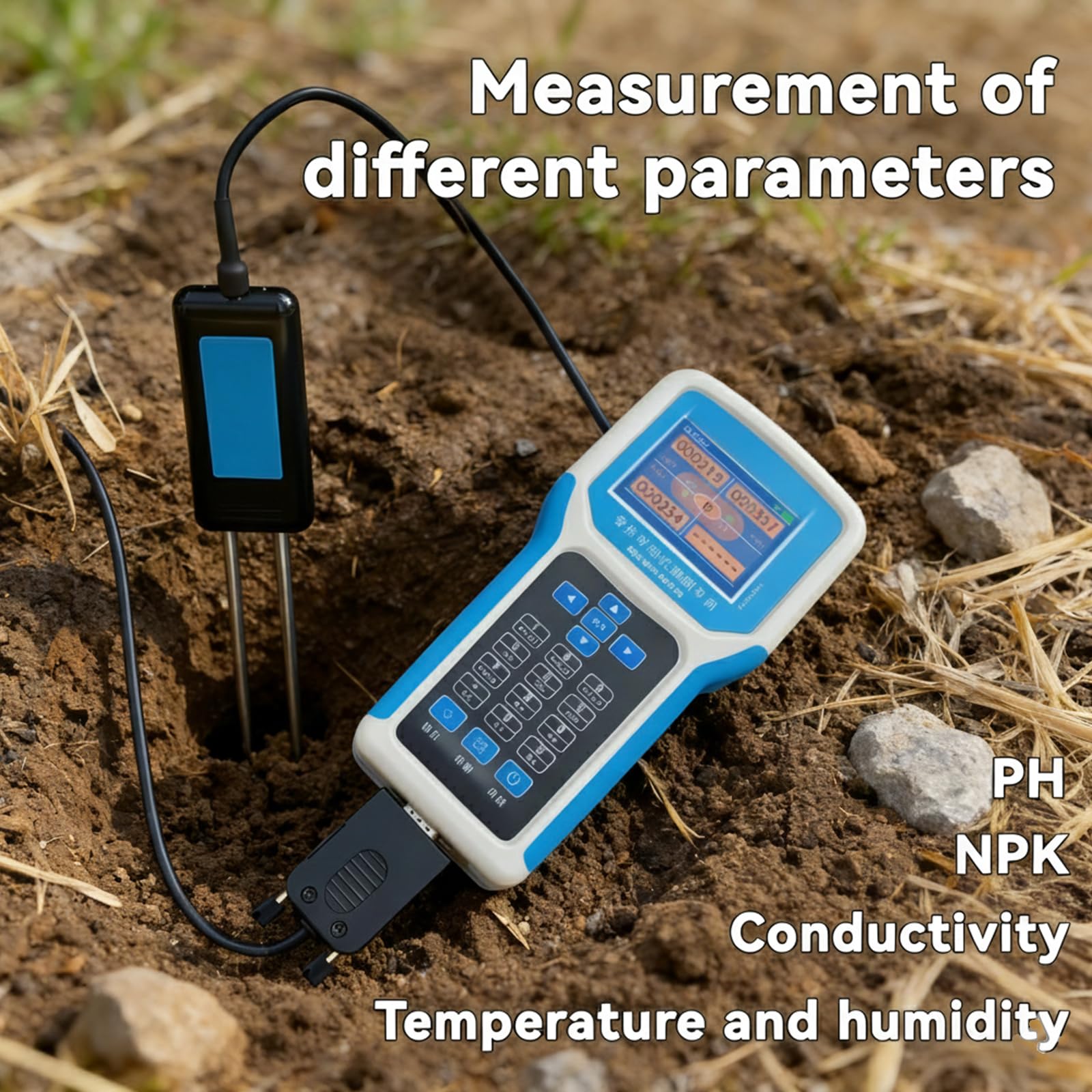 Testeur de sol numérique 7 en 1 pH, NPK, EC, humidité, température et humidité avec écran LCD couleur, enregistrement des données et export Excel pour l'agriculture et le jardinage