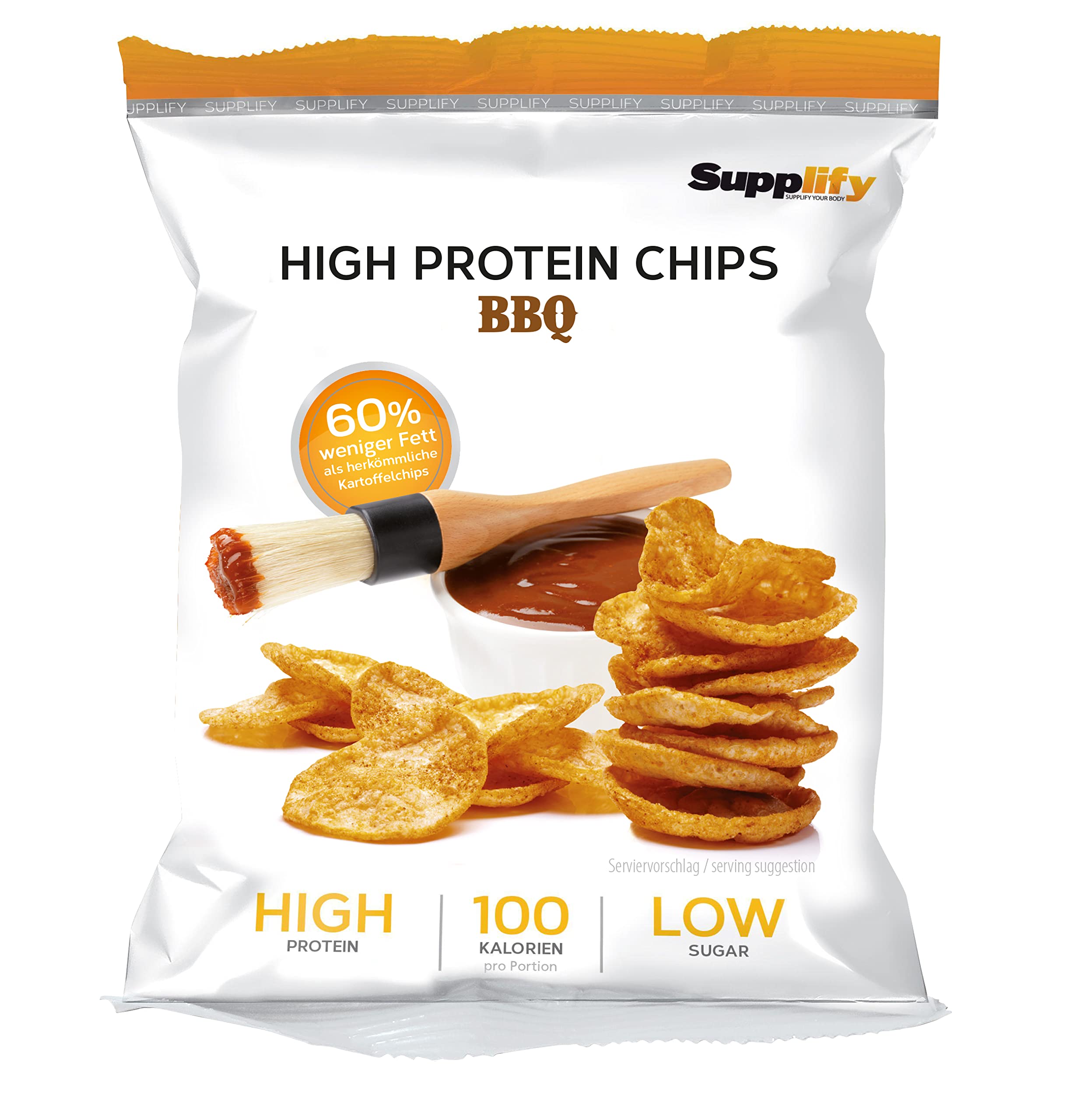 Supplify 24 x 50 g Chips Altos en Proteína (Veganas, Sabor BBQ), Chips Proteicos Bajas en Carbohidratos y Calorías, Alternativa Fitness