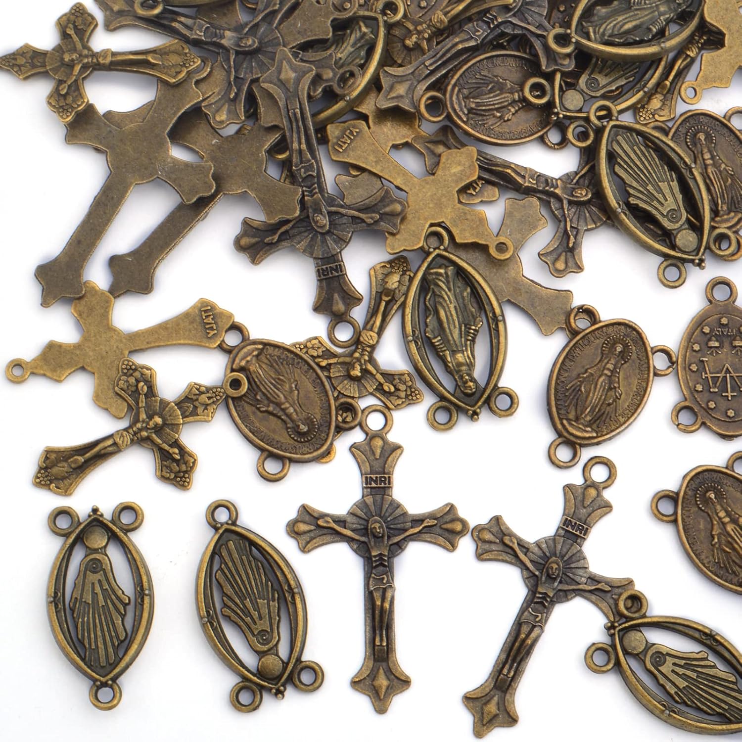 40pcs 4 Styles Tibetan Alloy Rosary Cross and Center Mary Miraculous Medal Jesus Crucifix Cross Charms and Oval Chandelier Links for Catholic DIY Jewelry Making, Antique Bronze - Image 4