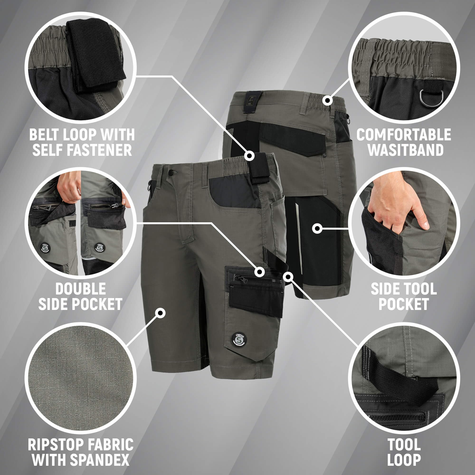 Stenso Revolt Kurze Arbeitshose Herren Stretch Ripstop Multifunktionstaschen