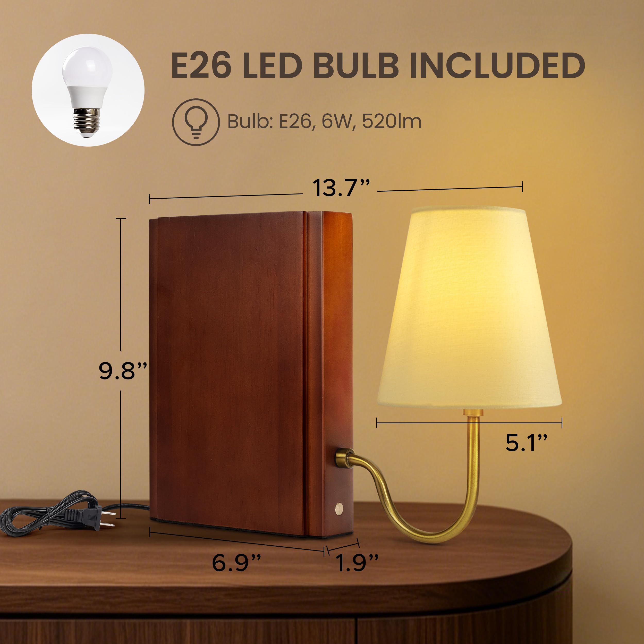 AELS Lampada da libreria in legno con lampadina, lampada da tavolo con paralume in lino, controllo touch dimmerabile in 3 colori, fermalibri decorativo moderno, lampada per libri, per ufficio, casa