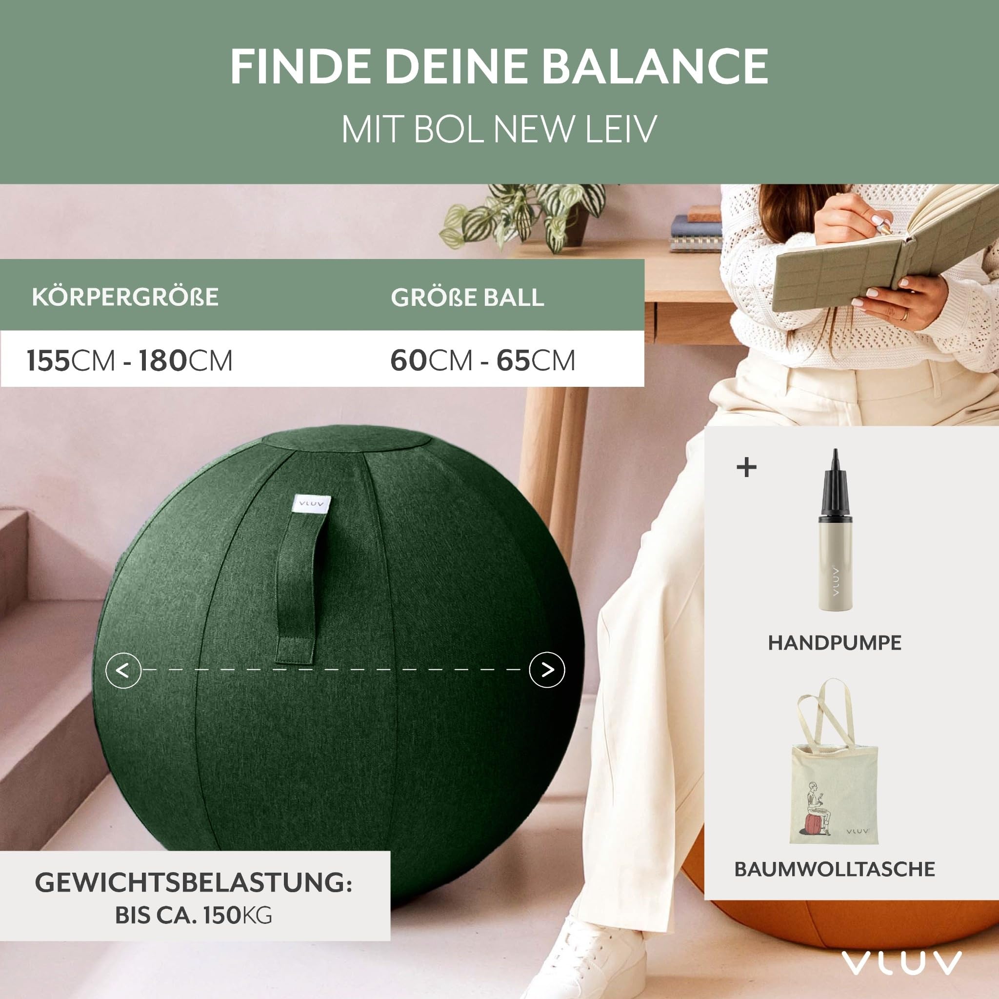 VLUV® BOL NEW LEIV Sitzball mit Möbel-Stoffbezug Pine (Grün) Ø 60-65cm