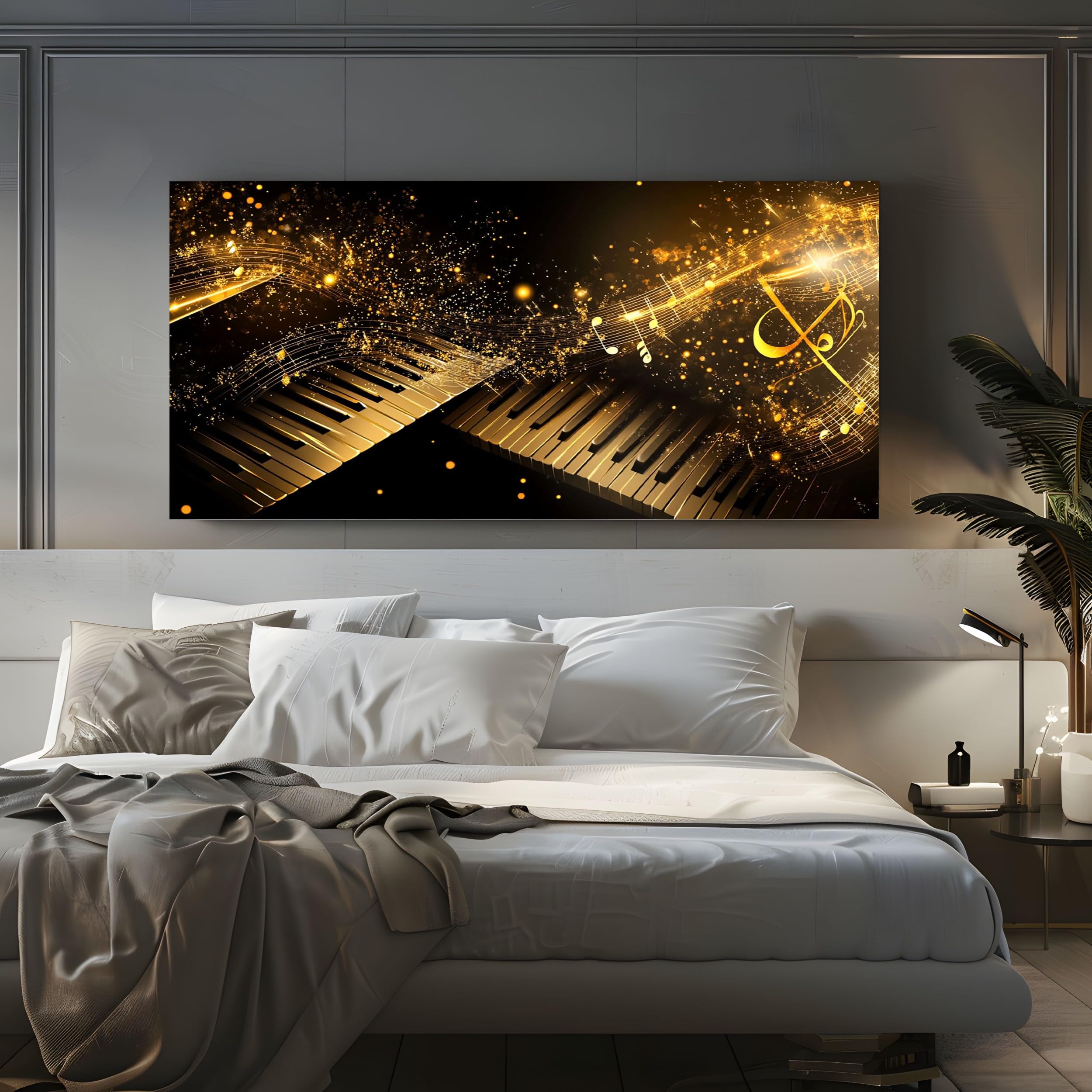 Decorazioni da Parete Moderne per Soggiorno Tema Senza Cornice 70x140cm | Musicale Pianoforte Quadro Grande su Tela Spartito con Chiave Classica Stampa Cielo Stellato di Lusso Camera da Letto Salotto
