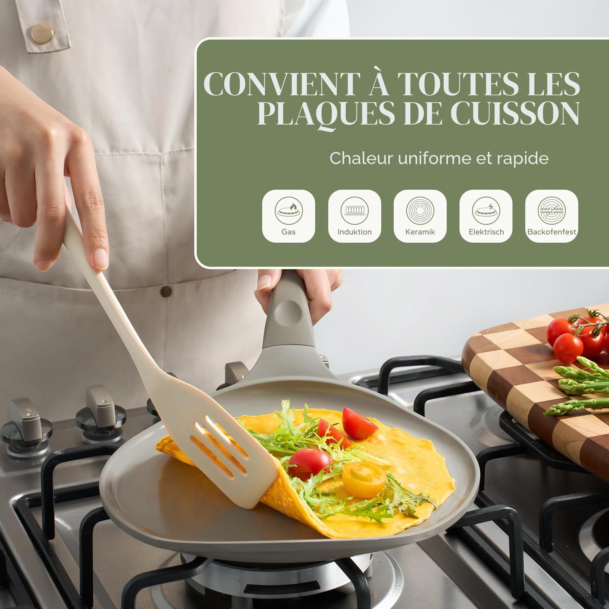 Redchef Poêle à crêpes, 26 cm, en céramique antiadhésive, sans PTFE, sans PFOA, résistante aux rayures, passe au lave-vaisselle, grise