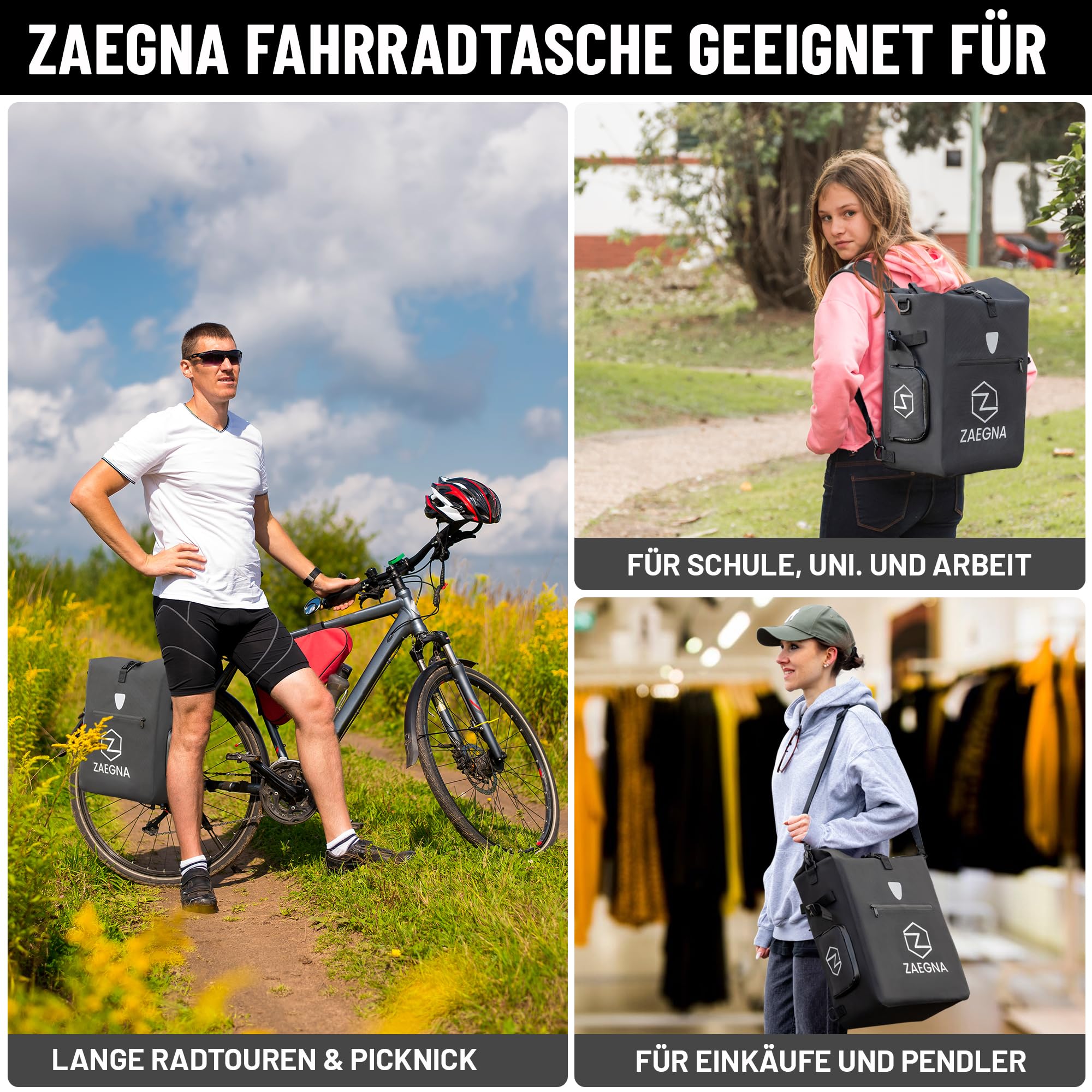 3 in1 Fahrradtasche für Gepäckträger - wasserdichte Fahrrad-Gepäcktasche, Rucksack & Umhängetasche - Fahrrad Tasche mit Laptopfach & Bodenplatte