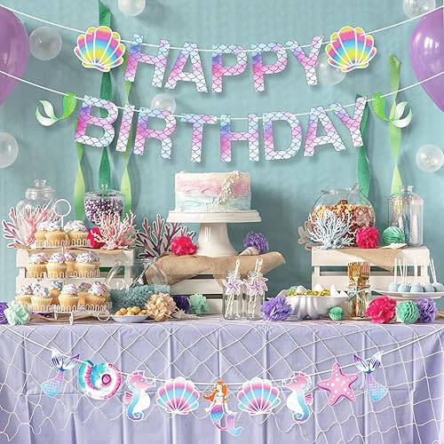 Miniatura 6 de Decoraciones de fiesta de cumpleaños de sirena para niñas y mujeres, 60 piezas de suministros de fiesta de sirena con pancarta de feliz cumpleaños,