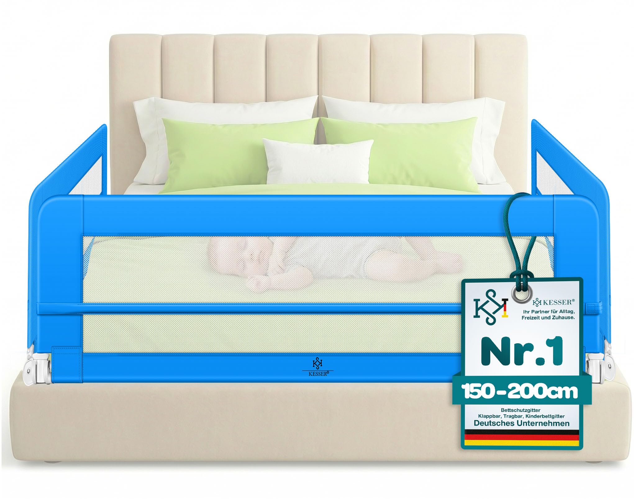 KESSER® Bettgitter 120 cm Bettschutzgitter Kinderbettgitter für Kinder Babybettgitter Klappbar, Tragbar, Kinderbett Kinderbettschutzgitter Rausfallschutz, Bett & Elternbett hoch: 42 cm, Blau