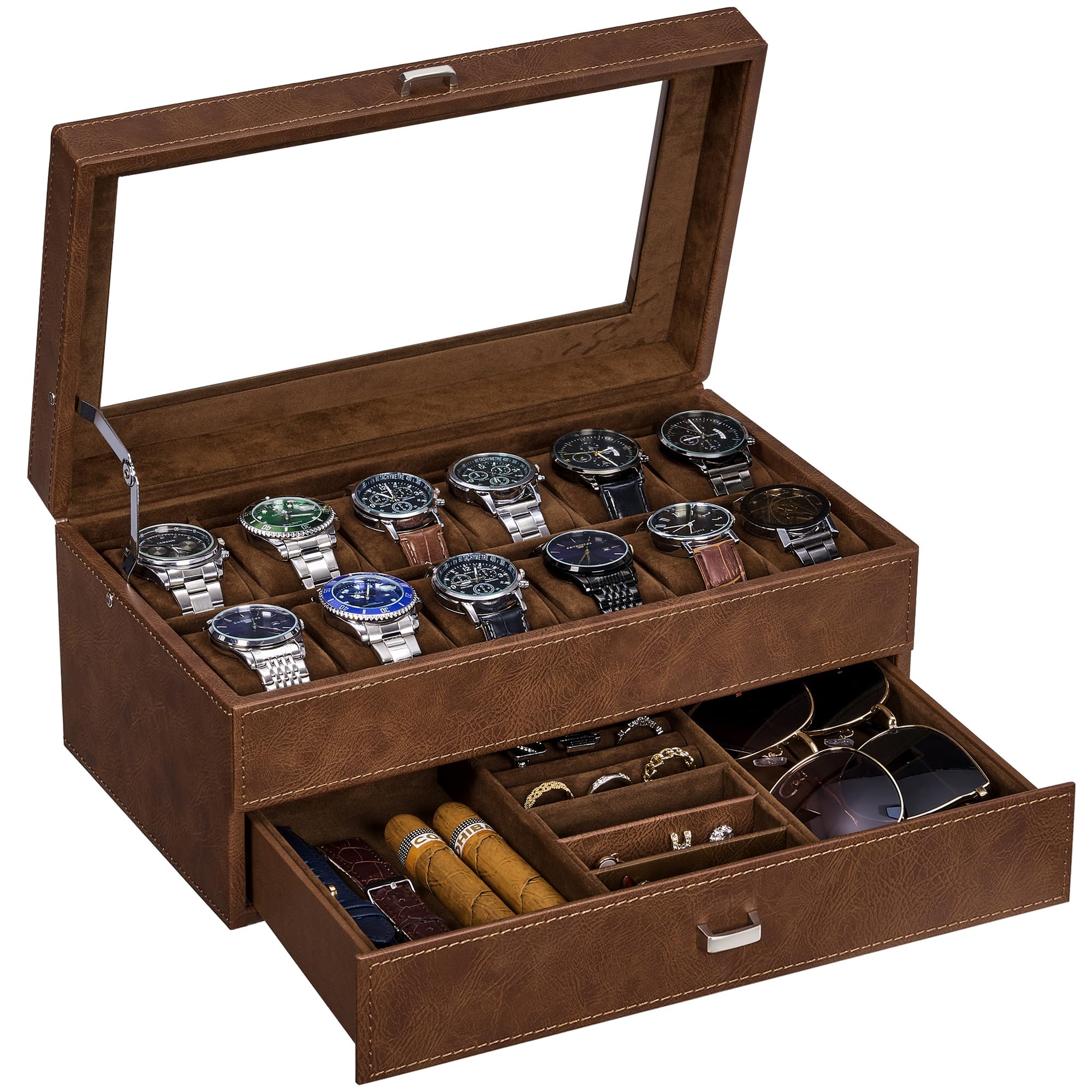 BEWISHOME Watch Box for Men Luxury Watch Organizer Faux Leather Watch Case with Jewelry Drawer, Real Glass Top, Metal Hinge, Brown SSH12Z