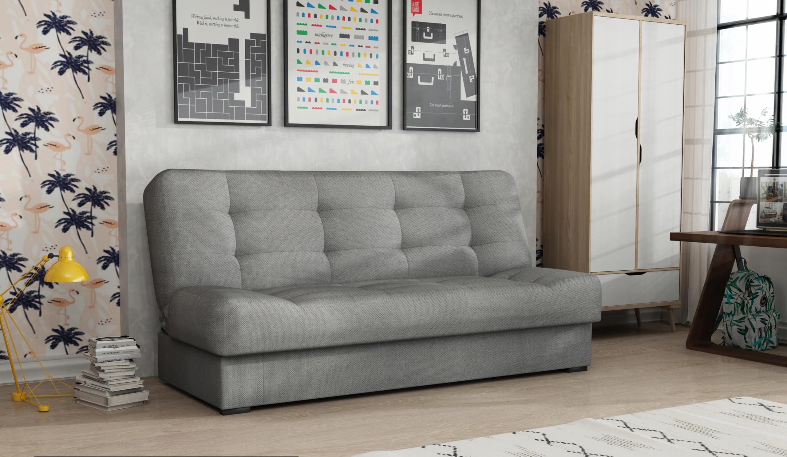 Schlafsofa mit Bettkasten Livia, Schlafcouch 170cm Breit, Sofa mit Schlaffunktion, Federkern, Klappsofa mit Bettfunktion, Zusätzlicher Stauraum, Praktisch und Funktionell, Sofa Grau