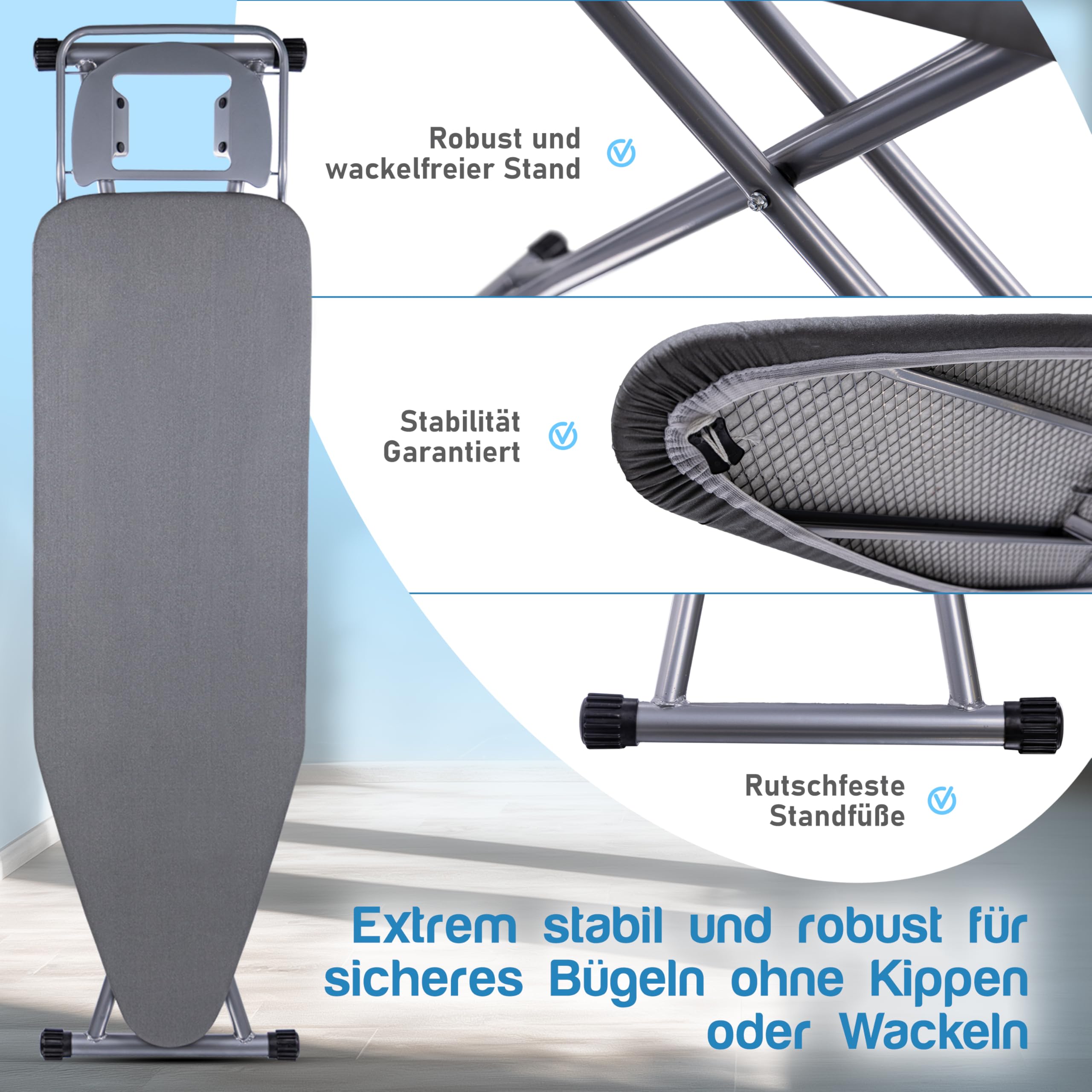Premium XXL Bügelbrett für Dampfbügelstation – extra breite Bügelfläche (143x38 cm), Dampfbügelgeeignet, stabil & klappbar, mit Hitzebeständiger Ablage und Bezug – ideal für alle Bügeleisen