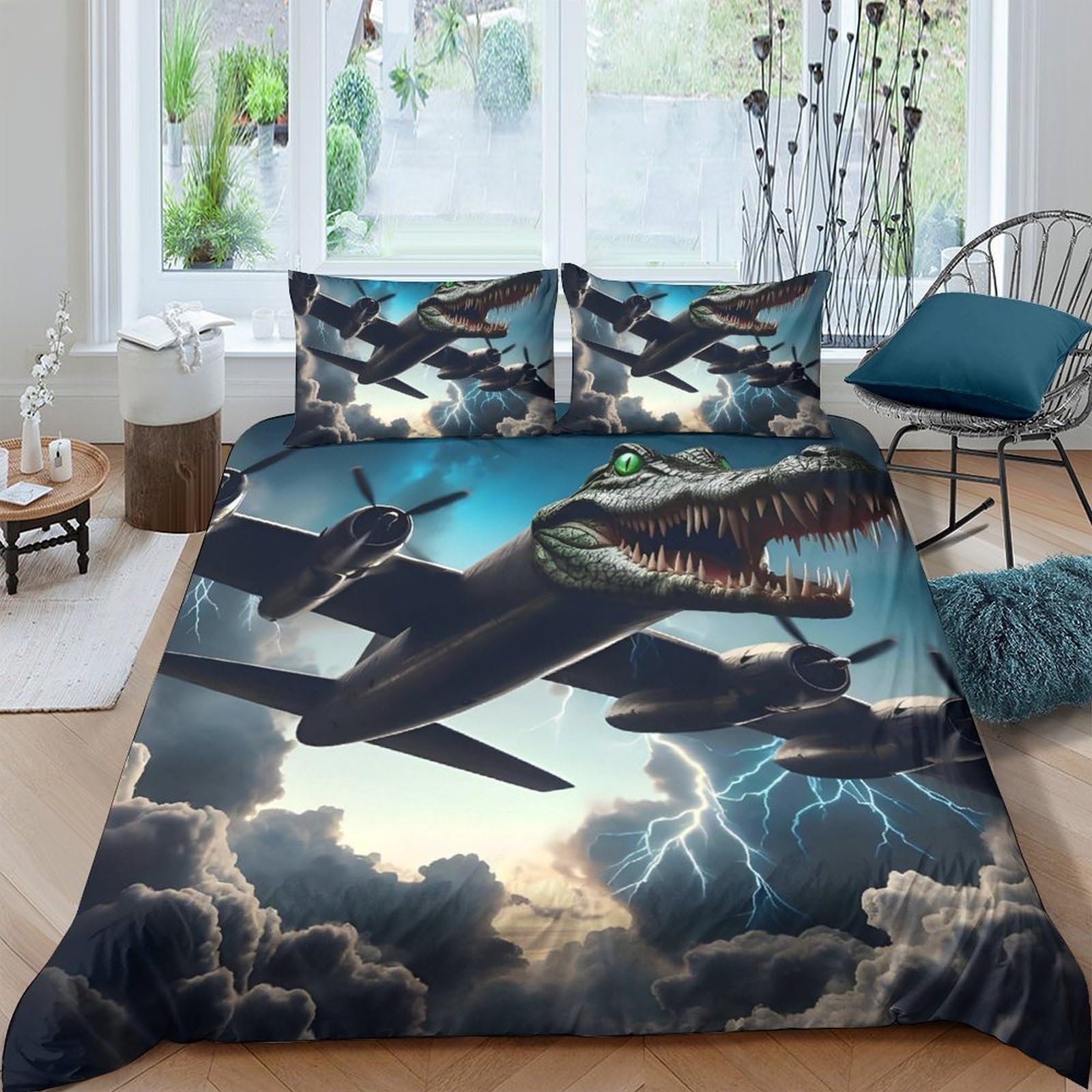 Ctjqhvkz Style-3 3D Printed Fighter Jet Storm Fitted Sheet Microfiber Soft Bed Cover Lightning Sky For Bedroom Decor Single（135X200cm）