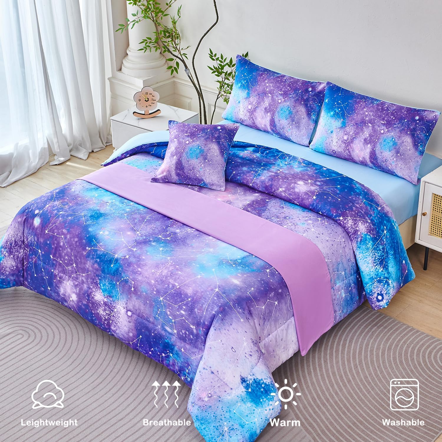 PERFEMET Twin Comforter Set for Girls, Galaxy Constellation Purple Bedding Set with Sheets, 6 Pieces Girls Bed in A Bag 3D Colorful Gradient Glitter Comforter Soft and Lightweight for All Season